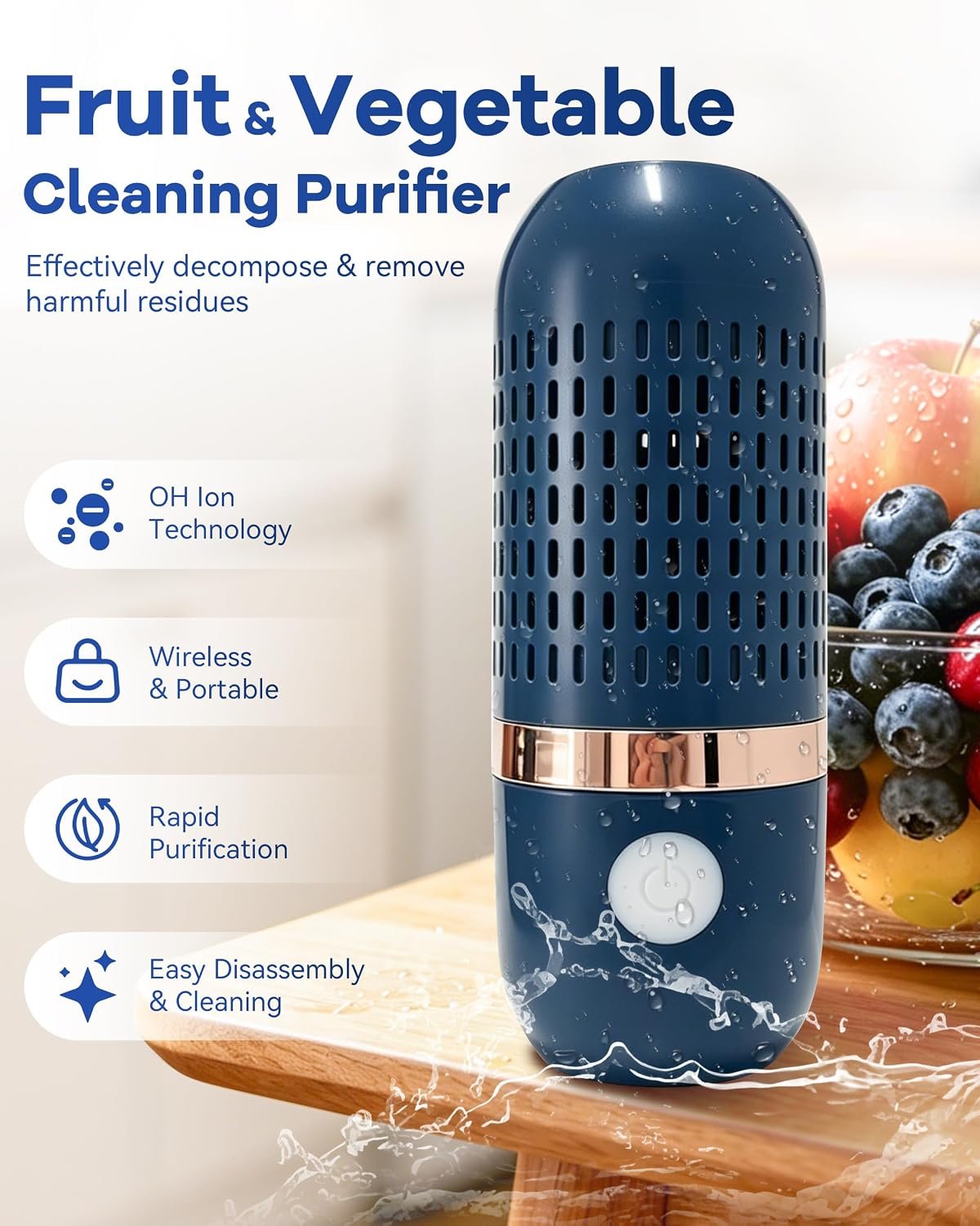 Produce Cleaner & Vegetable Cleaner with Oh-Ion Technology, Wireless Rechargeable Food Washer for Fruits, Veggies, Rice & Utensils, Ipx7 Waterproof 10-Min Automatic Cleaning for Kitchen (Blue) - Image 2