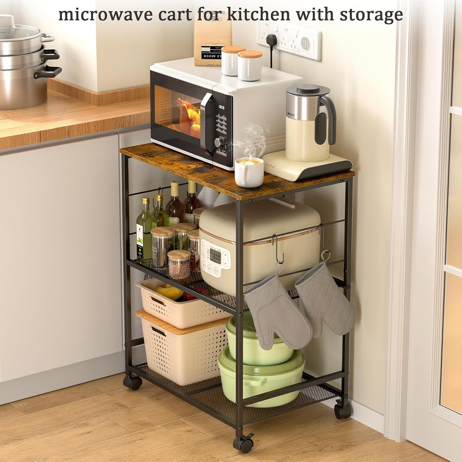 ThreeHio Rolling Kitchen Microwave Cart, 3 Tier Microwave Table Stand with Storage, Kitchen Utility Cart on Lockable Wheels, Small Coffee Cart Shelf Rack Organizer for Living Room Office, Balcony - Image 5