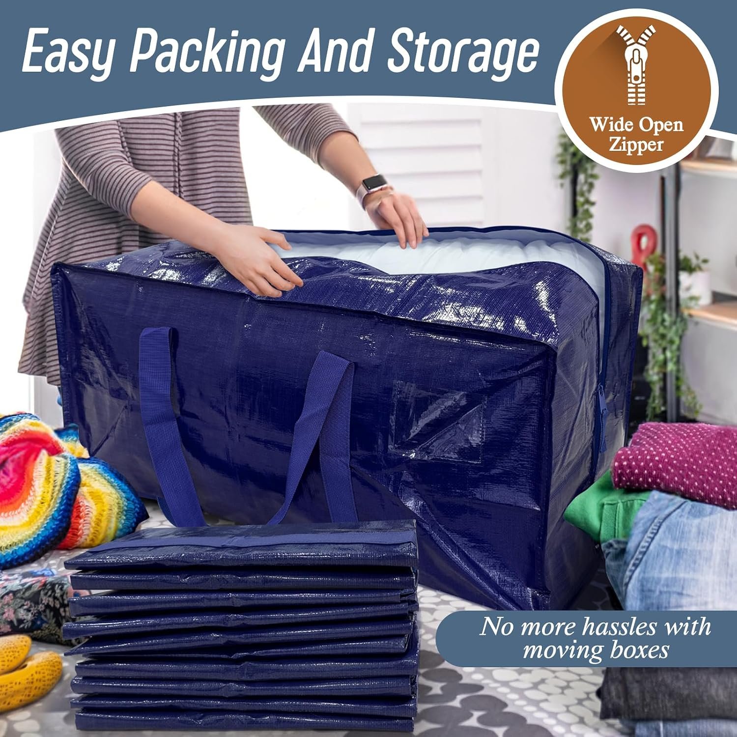6 Pack Extra Heavy Duty Large Moving Bags with Strong Zipper, Dark Blue - Image 5