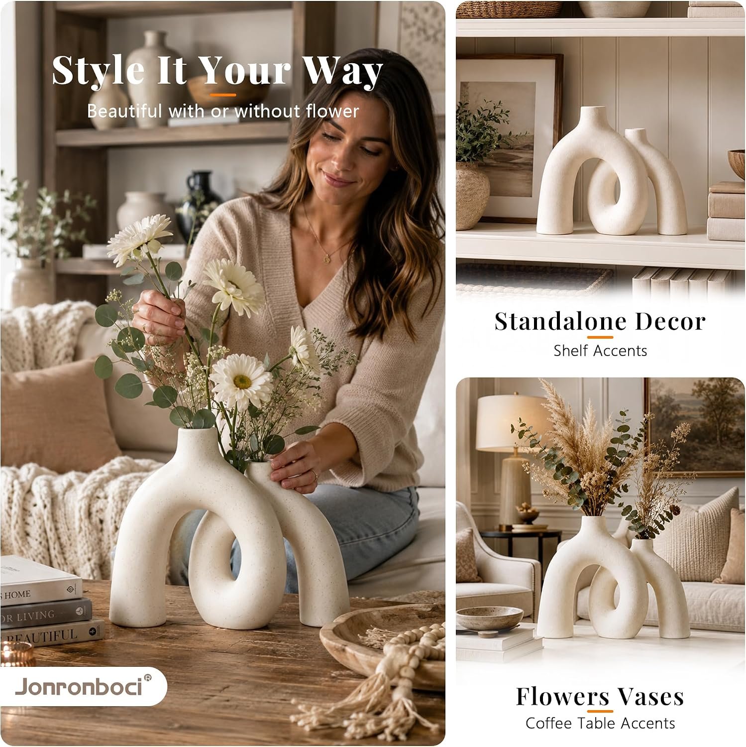 Hug Donut Decorative Ceramic Vase Set for Flower or Home Decor(Cream White) - Image 3