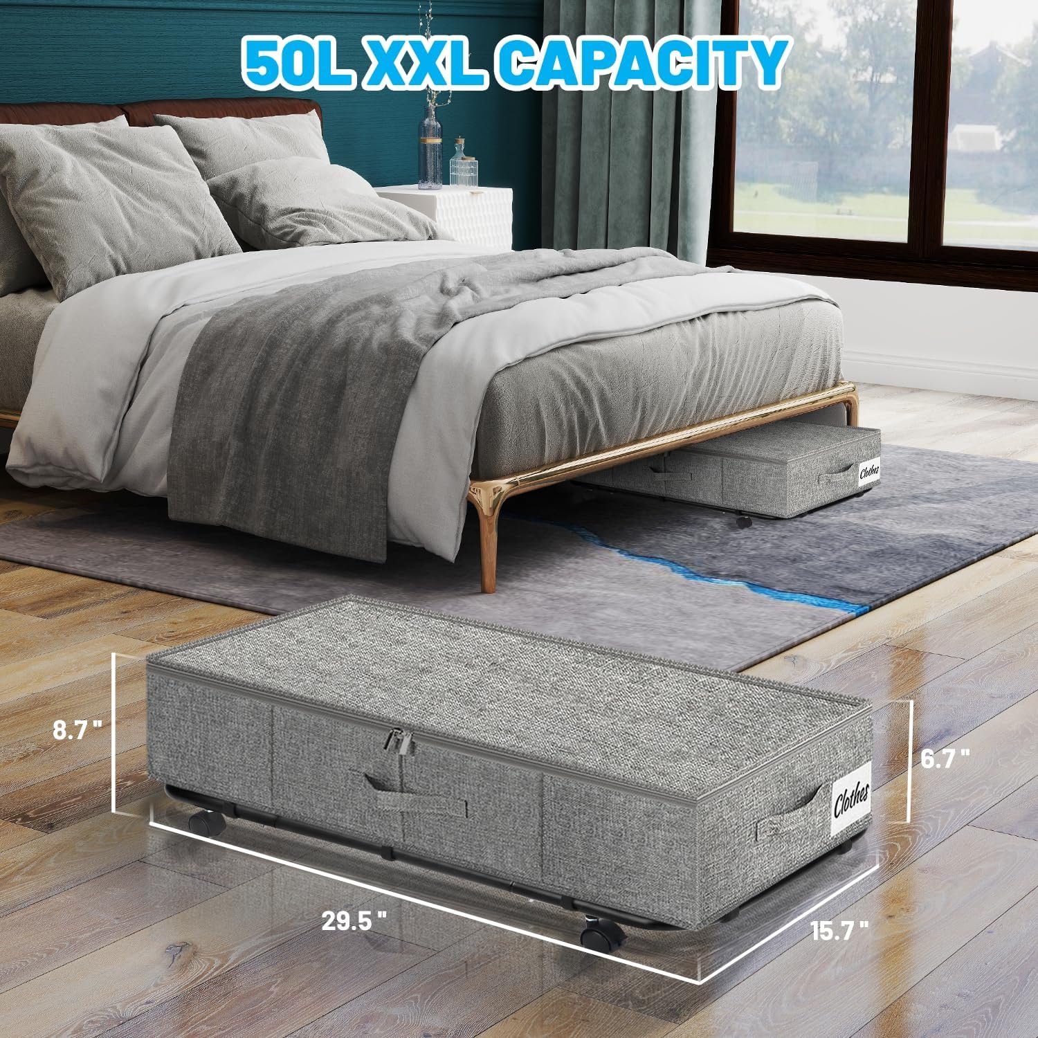 Large Sturdy Under Bed Storage with Wheels, 2 Pack 50L Rolling Underbed Storage Bins, Under Bed Containers Drawer with Metal Bottom Support, Bedroom Organizer with Lids for Clothes, Shoes, Blankets - Image 4