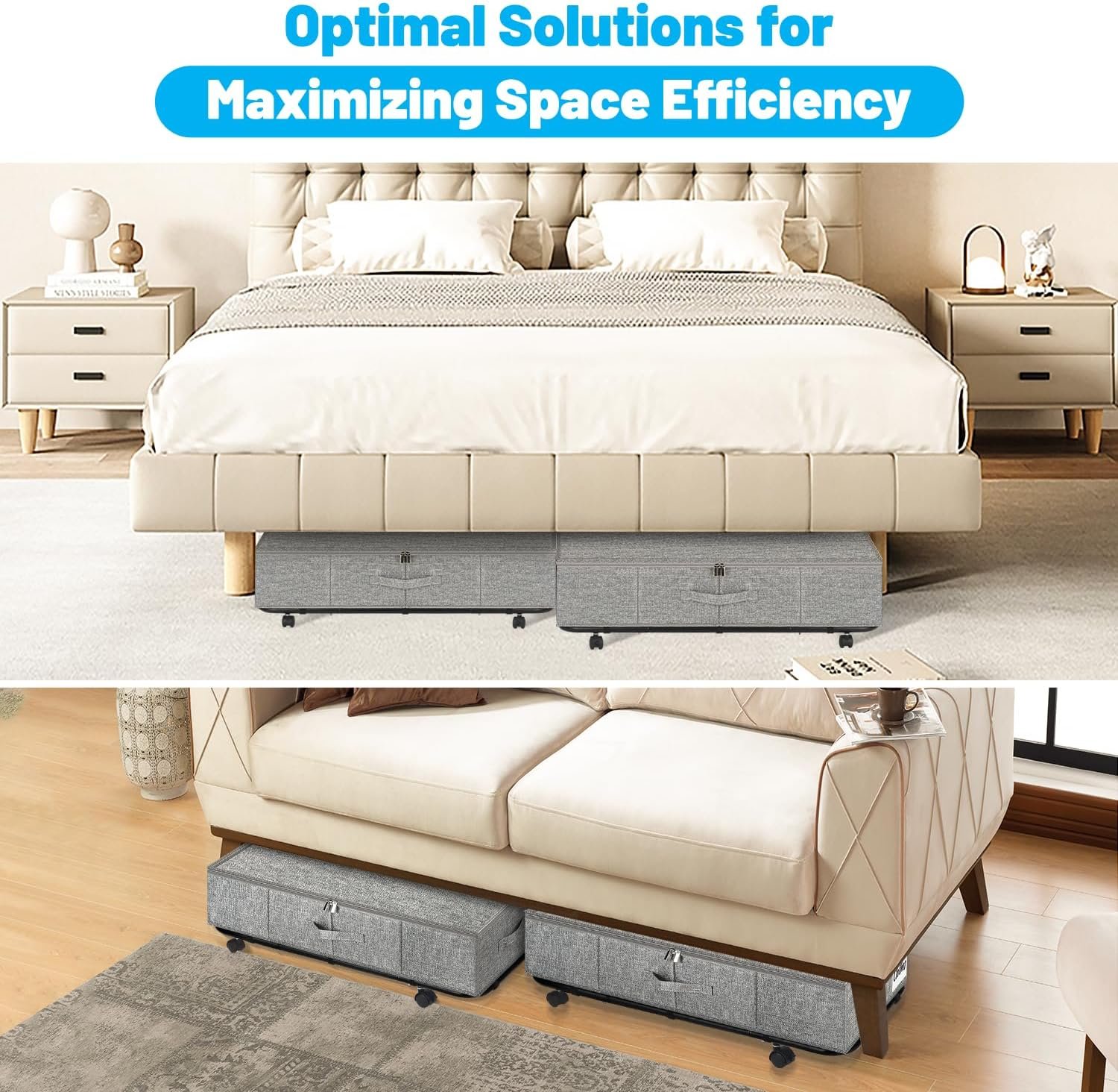 Large Sturdy Under Bed Storage with Wheels, 2 Pack 50L Rolling Underbed Storage Bins, Under Bed Containers Drawer with Metal Bottom Support, Bedroom Organizer with Lids for Clothes, Shoes, Blankets - Image 8