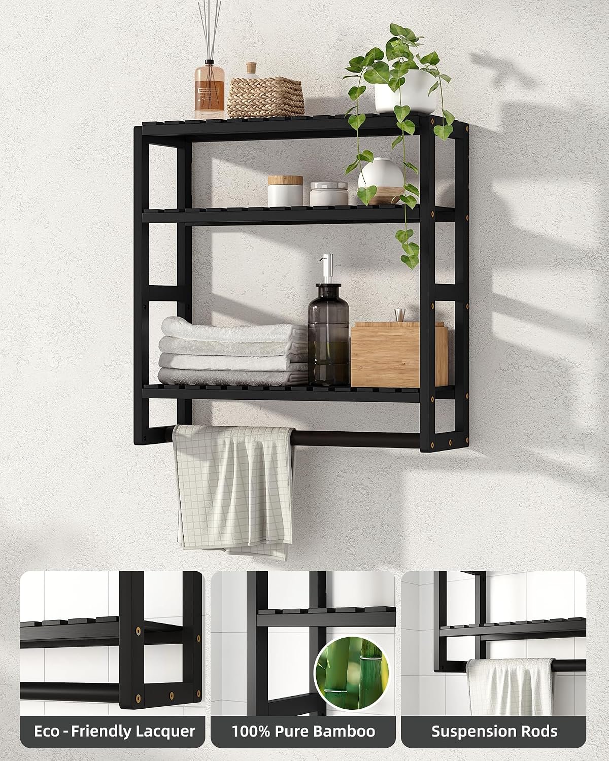 Galood Over The Toilet Storage Bathroom Shelves Wall Mounted 3 Tier Black - Image 3