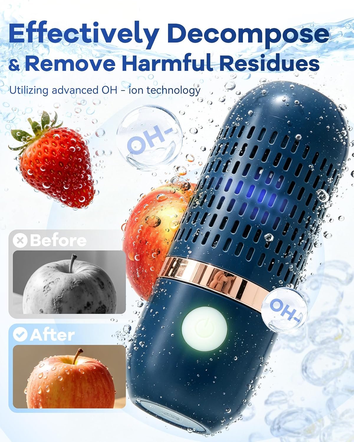 Produce Cleaner & Vegetable Cleaner with Oh-Ion Technology, Wireless Rechargeable Food Washer for Fruits, Veggies, Rice & Utensils, Ipx7 Waterproof 10-Min Automatic Cleaning for Kitchen (Blue) - Image 3