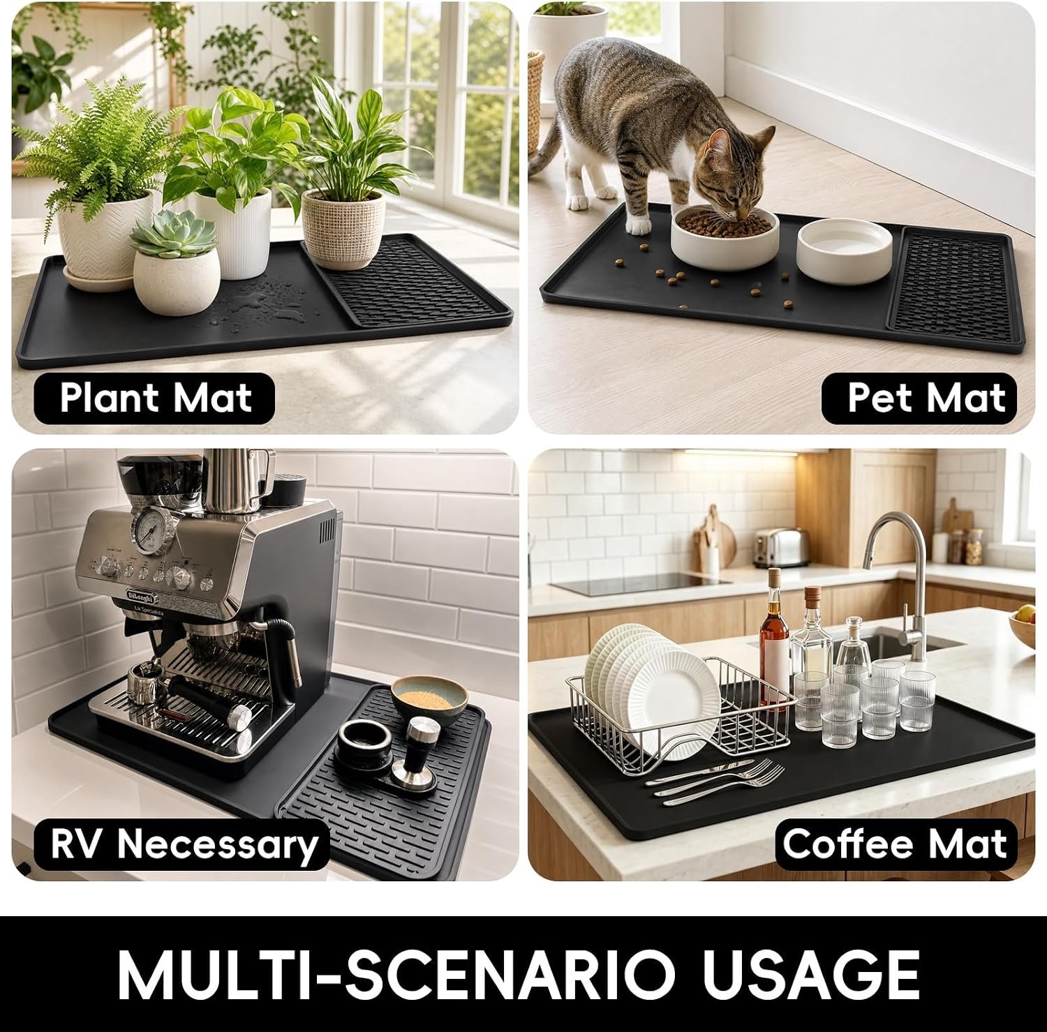 Caketime 2 In 1 Silicone Coffee Bar Mat Accessories for Ninja Coffee Maker with Detachable Dish Drying Rug Kitchen Counter Under Sink Drainer Appliances Dorm Room Decor 16"x24" Extra Large Black - Image 6