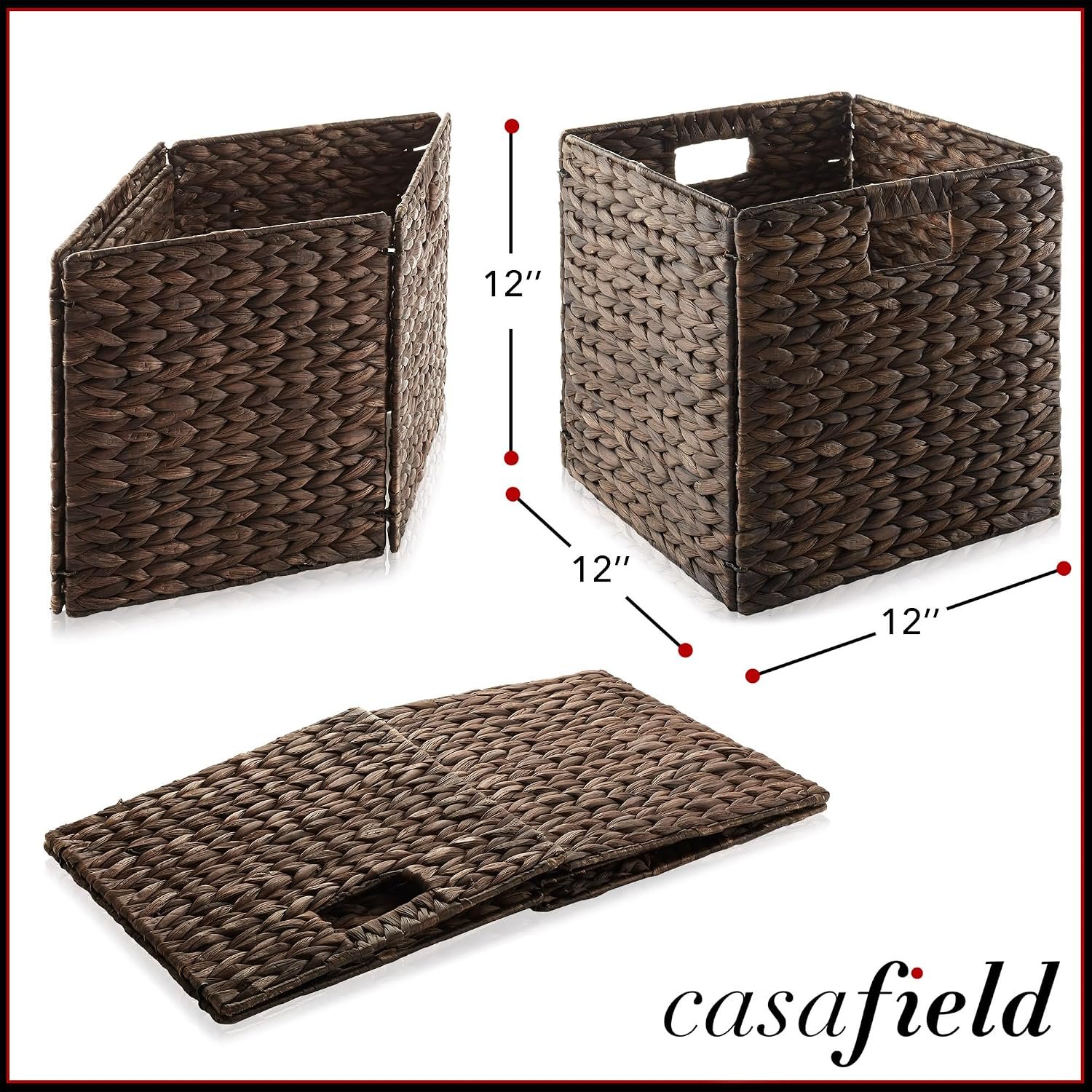 Casafield 12" x 12" Water Hyacinth Storage Baskets, Espresso - Set of 2 Collapsible Cube Organizers, Woven Bins for Bathroom, Bedroom, Laundry, Pantry, Shelves - Image 3