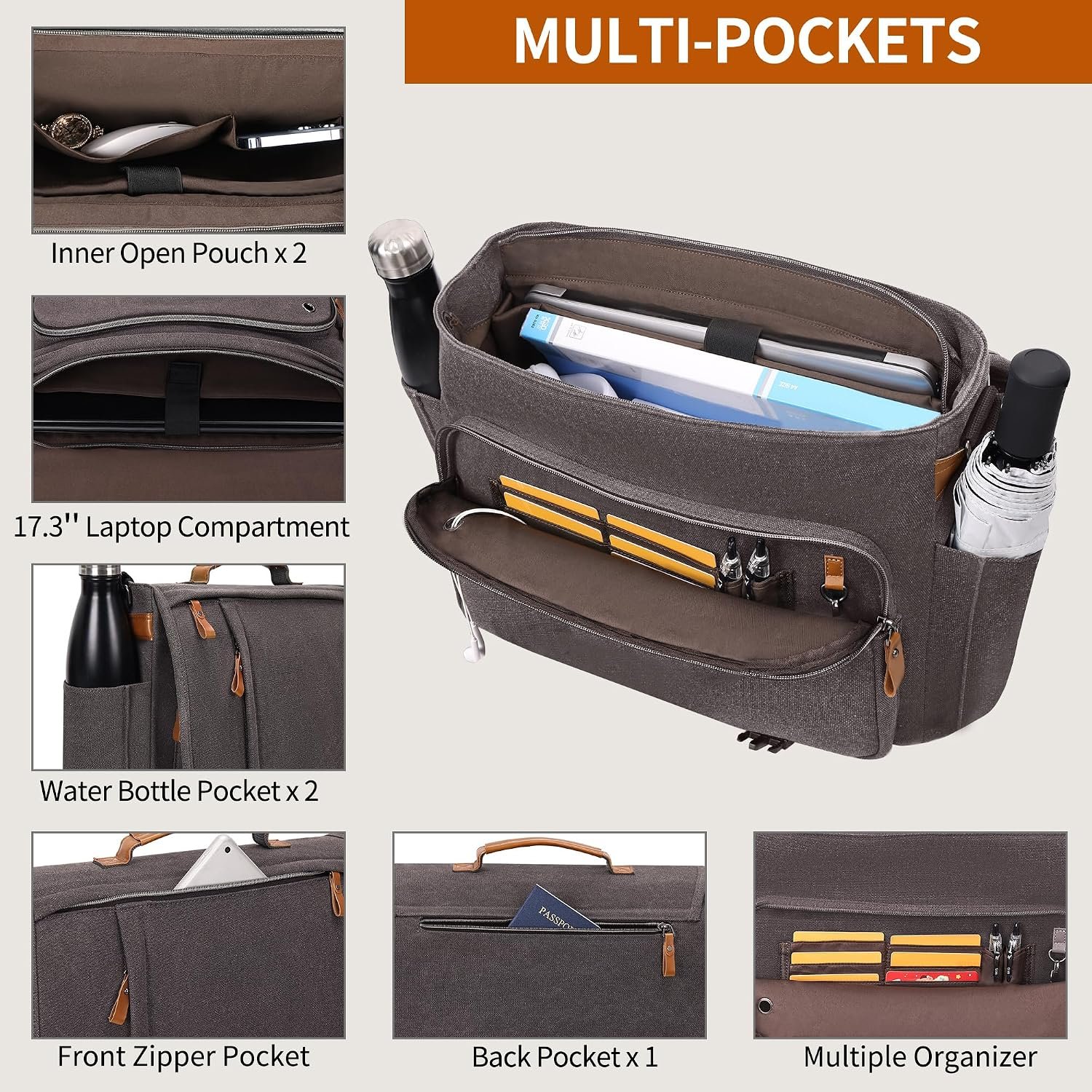 ESTARER Men Messenger Bag 17-17.3 Inch Laptop Bag Water-resistant Canvas Computer Shoulder Bag Briefcase for Work College Travel, Grey - Image 5