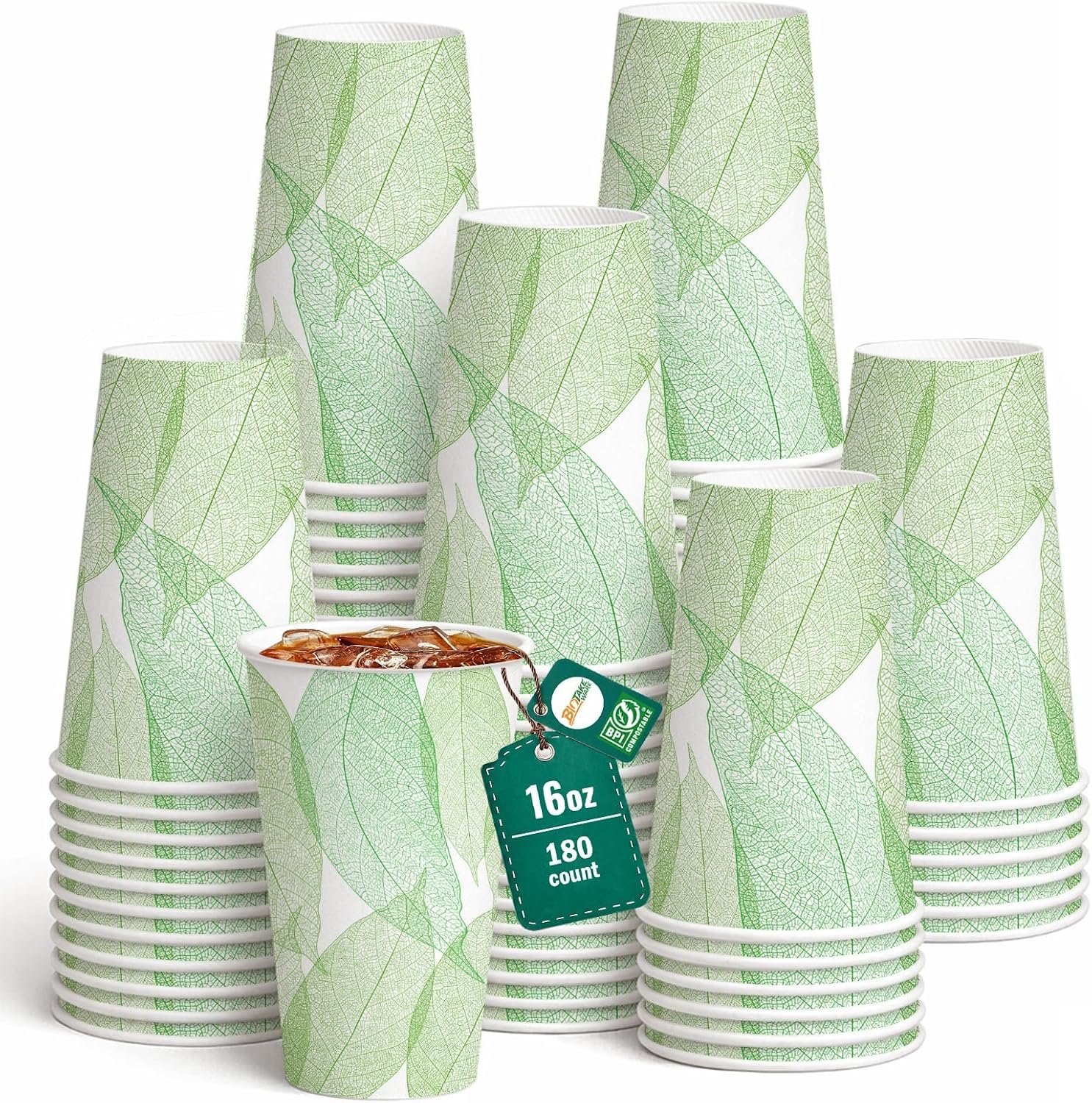 16oz 180Count Compostable Paper Cups, Plant-Based Disposable Coffee Cups with PLA Lining, Perfect for Hot & Cold Drinks, Coffee, Party, Office & Daily Use