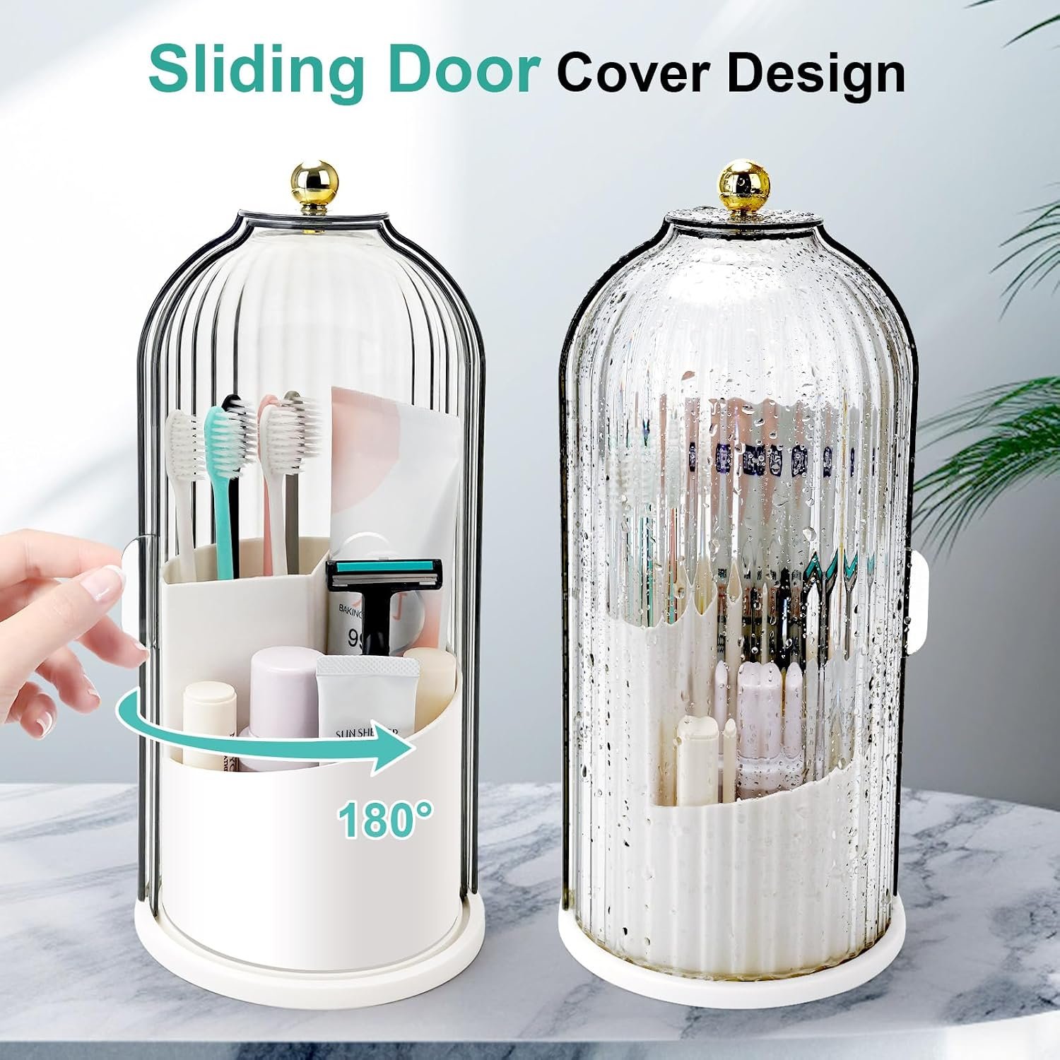 QIYVLOS Toothbrush Holders with Sliding Lid, Rotating 3 Slots Bathroom Organizer Countertop, Tooth Brush Toothpaste Holder Bathroom Counter Stand Sink Organizer Caddy for Vanity Makeup Brushes Holder - Image 2