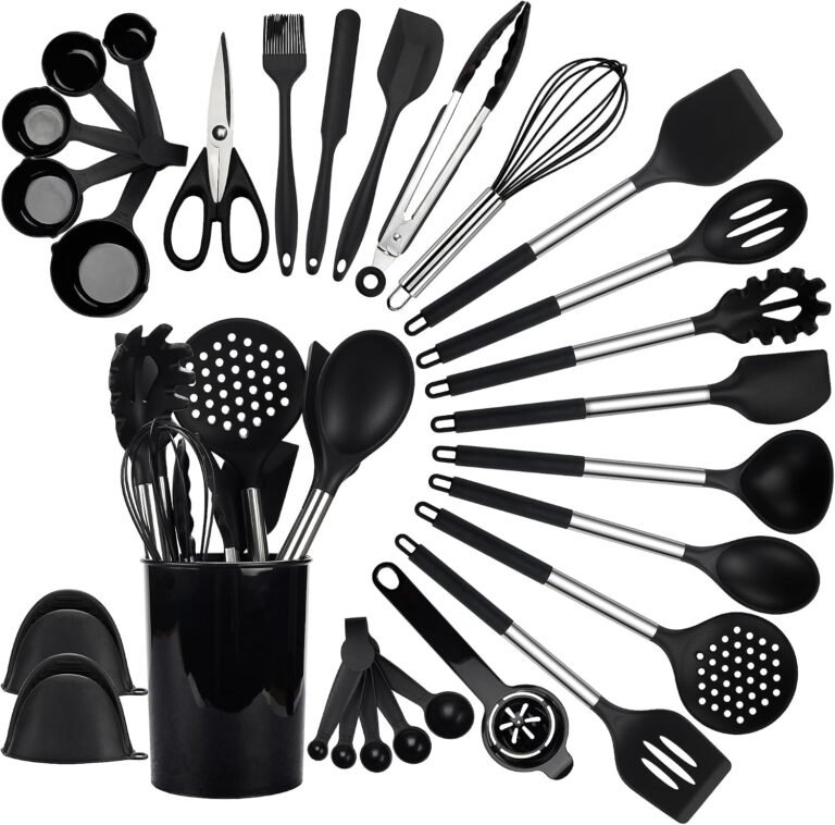 QMVESS Silicone Cooking Utensils Set, 28 Pcs Non-Stick Kitchen Utensils Set with Holder, 446°F Heat Resistant Spatula, Tongs, Spoons Set with Stainless Steel Handle Kitchen Gadgets (Black)