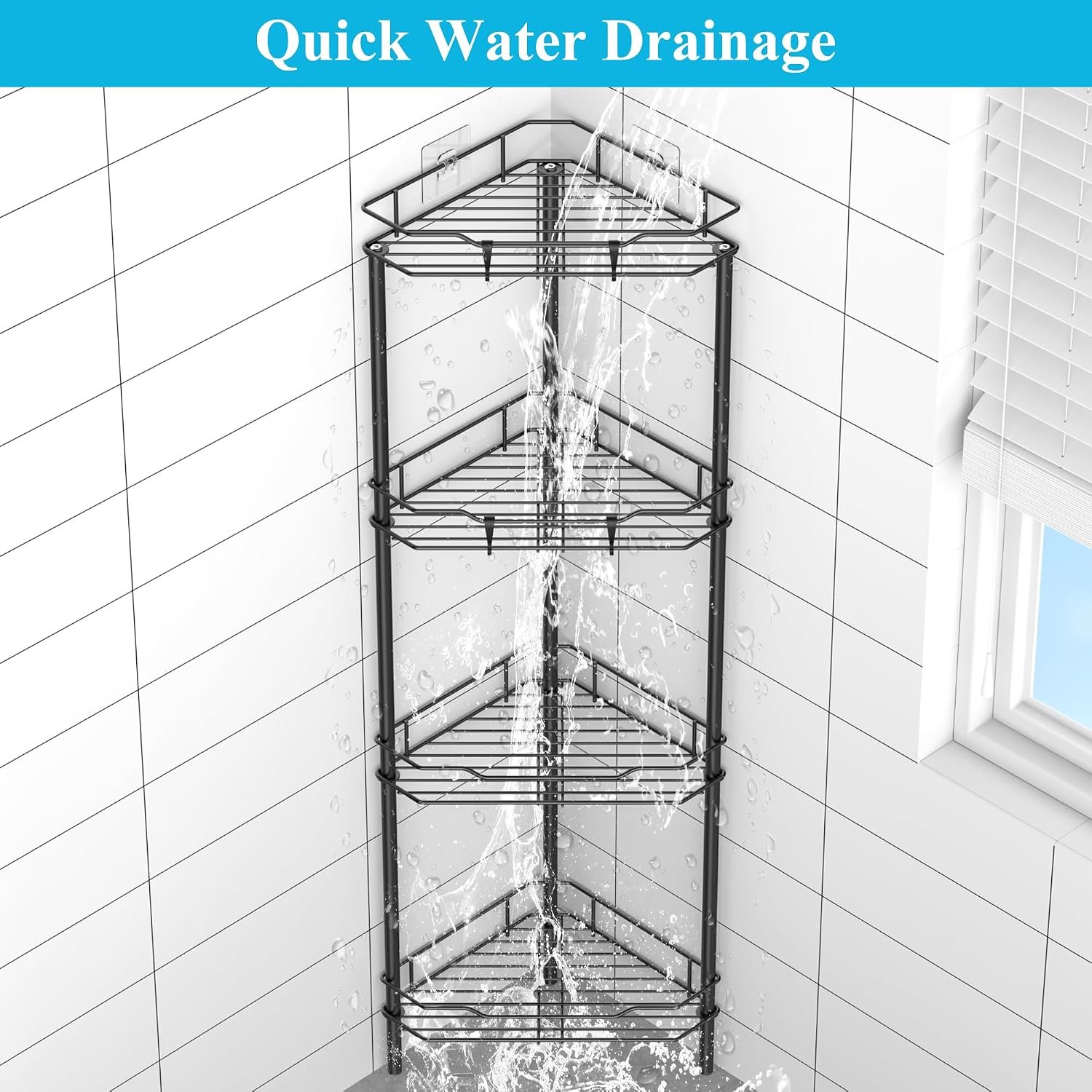 HuggieGems 4 Tier Floor Standing Corner Shower Caddy Organizer Shelf with Hooks, Bathroom Shelves Stand Rack, Black - Image 6