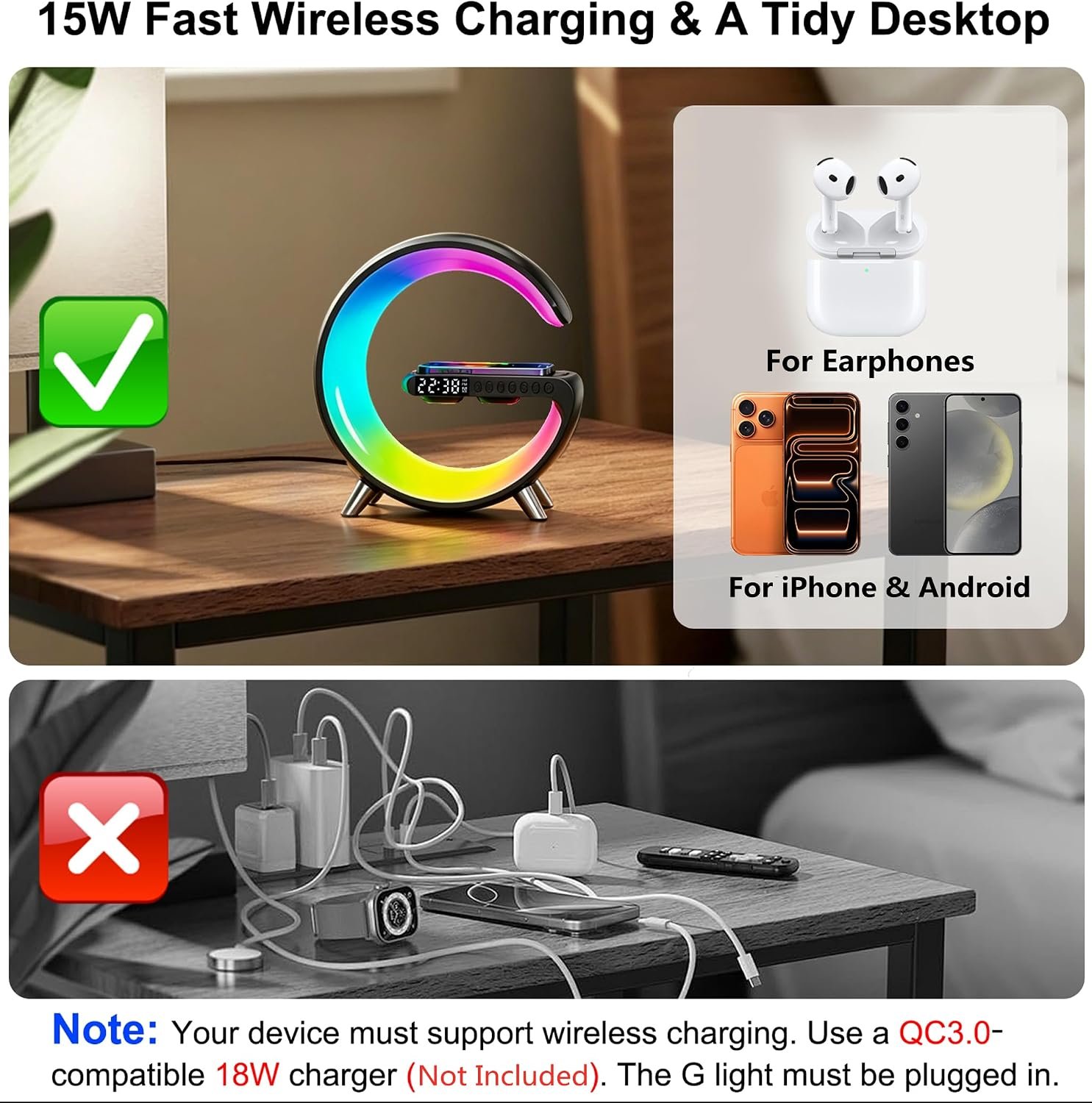 Smart LED Table Lamp, 4-in-1 Wireless Charger, Night Light, Alarm Clock, Bluetooth Speaker with App Control, Bedside Lamp with Charging Station for Bedroom, Office, Home Decor, Teen Girls Boys Gifts - Image 6
