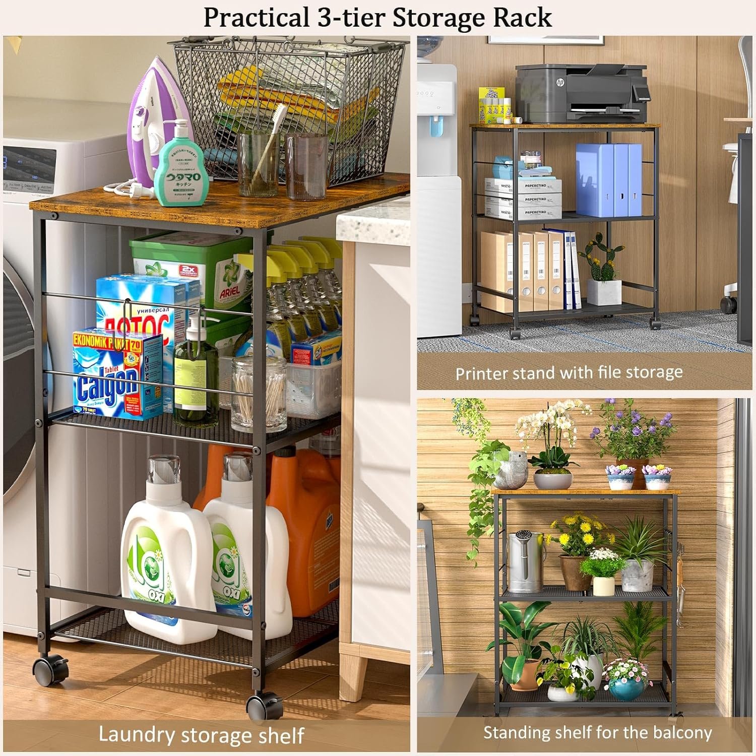 ThreeHio Rolling Kitchen Microwave Cart, 3 Tier Microwave Table Stand with Storage, Kitchen Utility Cart on Lockable Wheels, Small Coffee Cart Shelf Rack Organizer for Living Room Office, Balcony - Image 4