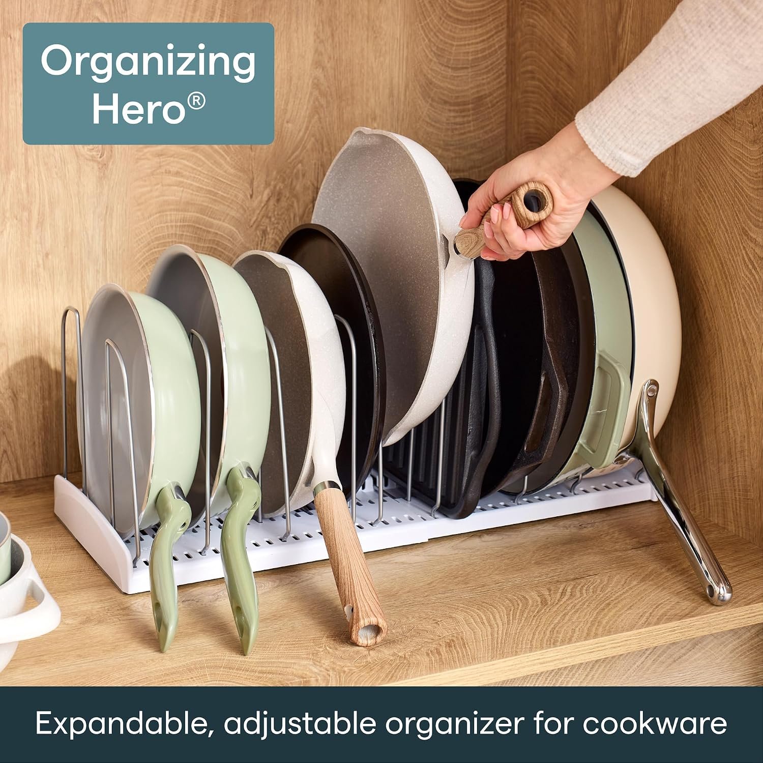 YouCopia StoreMore Expandable Cookware Rack with Tall Steel Wires, 12.5"-21.5" Wide Adjustable Pan Organizer for Kitchen Cabinet Storage, Premium Edition - Image 2