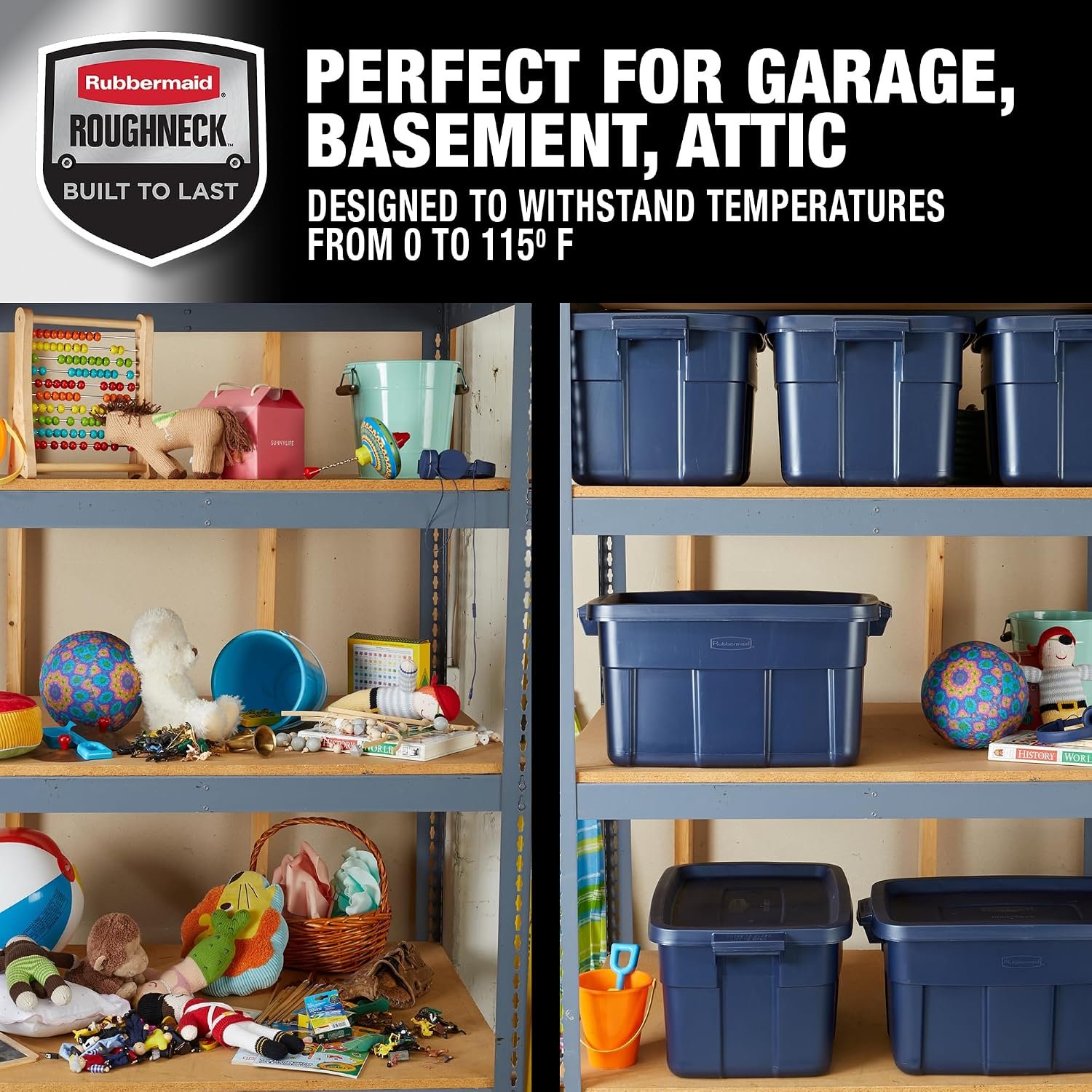 Rubbermaid Roughneck Tote 14 Gal, 6 Pack, Made in USA, Dark Indigo Metallic, Rugged Plastic Stackable Storage Bins with Lids and Handles - Image 6