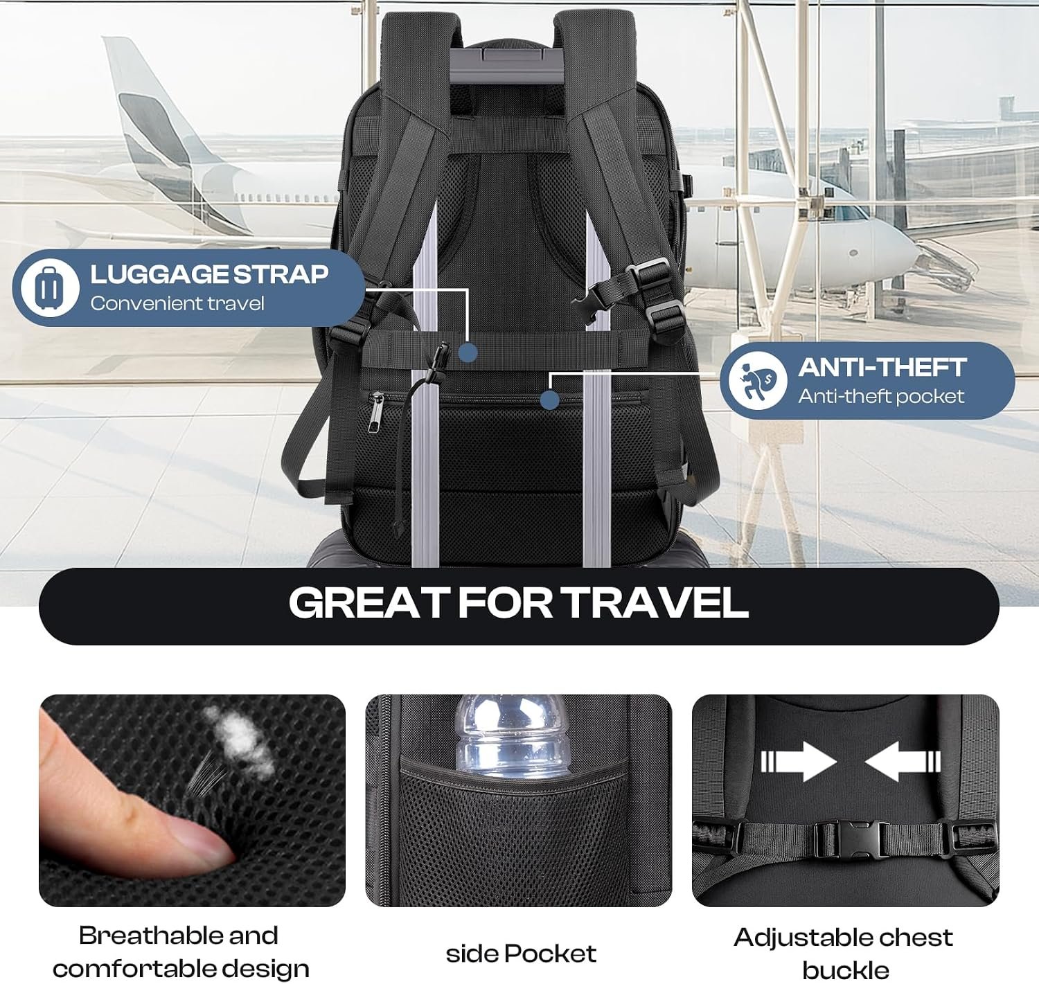 Roomy Travel Backpack,Expandable 40L-50L Carry On Backpack For 17.3" Laptop - Image 5