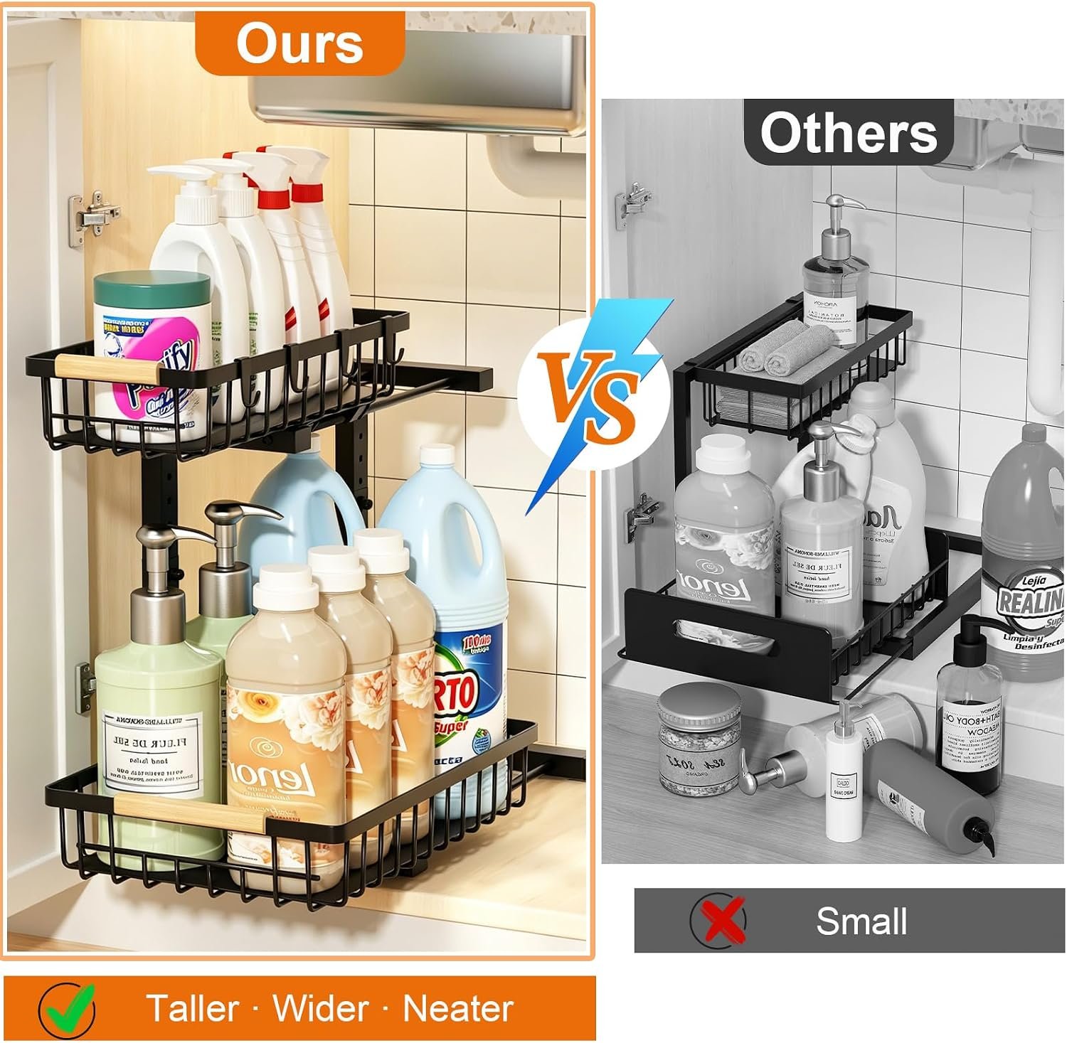 REALINN Under Sink Organizer, 2 Pack Height Adjustable Under Sink Organizers and Storage, 2 Tier Pull Out Drawer Cabinet Storage for Kitchen Bathroom - Image 5