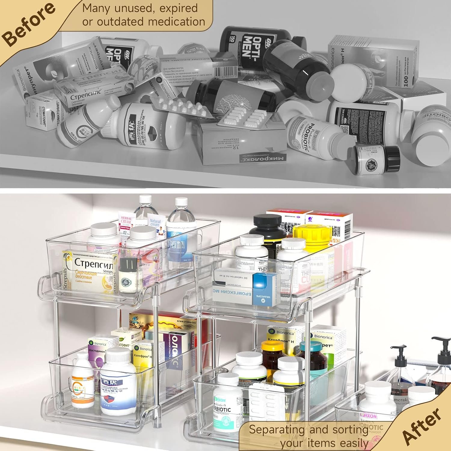 HIHEGD 2-Tier Bathroom Organizer with Dividers, Clear Under Sink and Pull-Out Cabinet Organizer for Kitchen and Pantry Storage - Image 7