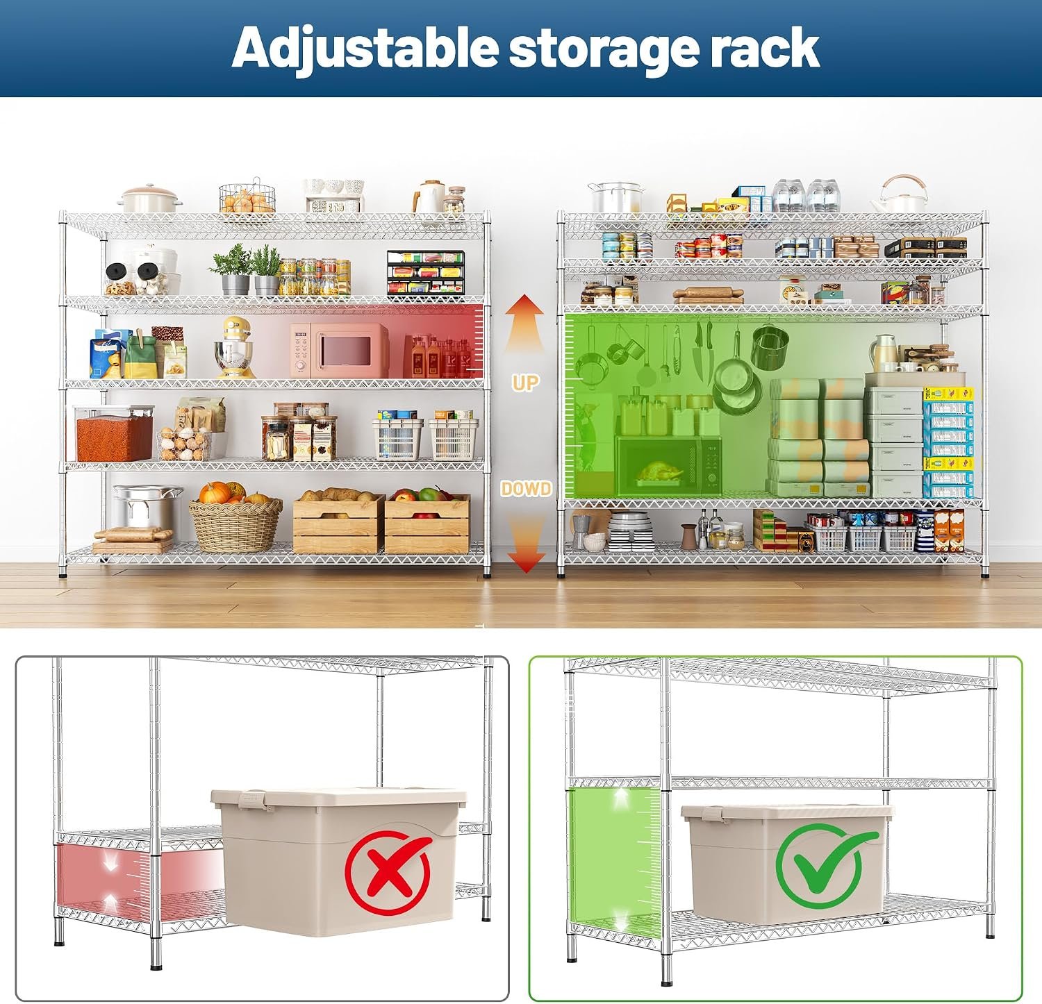 REIBII 55.5" W Storage Shelves 3200LBS Metal Shelving 5 Tier Wire Shelving Garage Shelving Heavy Duty Metal Shelves for Shelving Unit Commercial Adjustable Shelf, 55.5" W X 18''D X 71" H,Chrome - Image 5