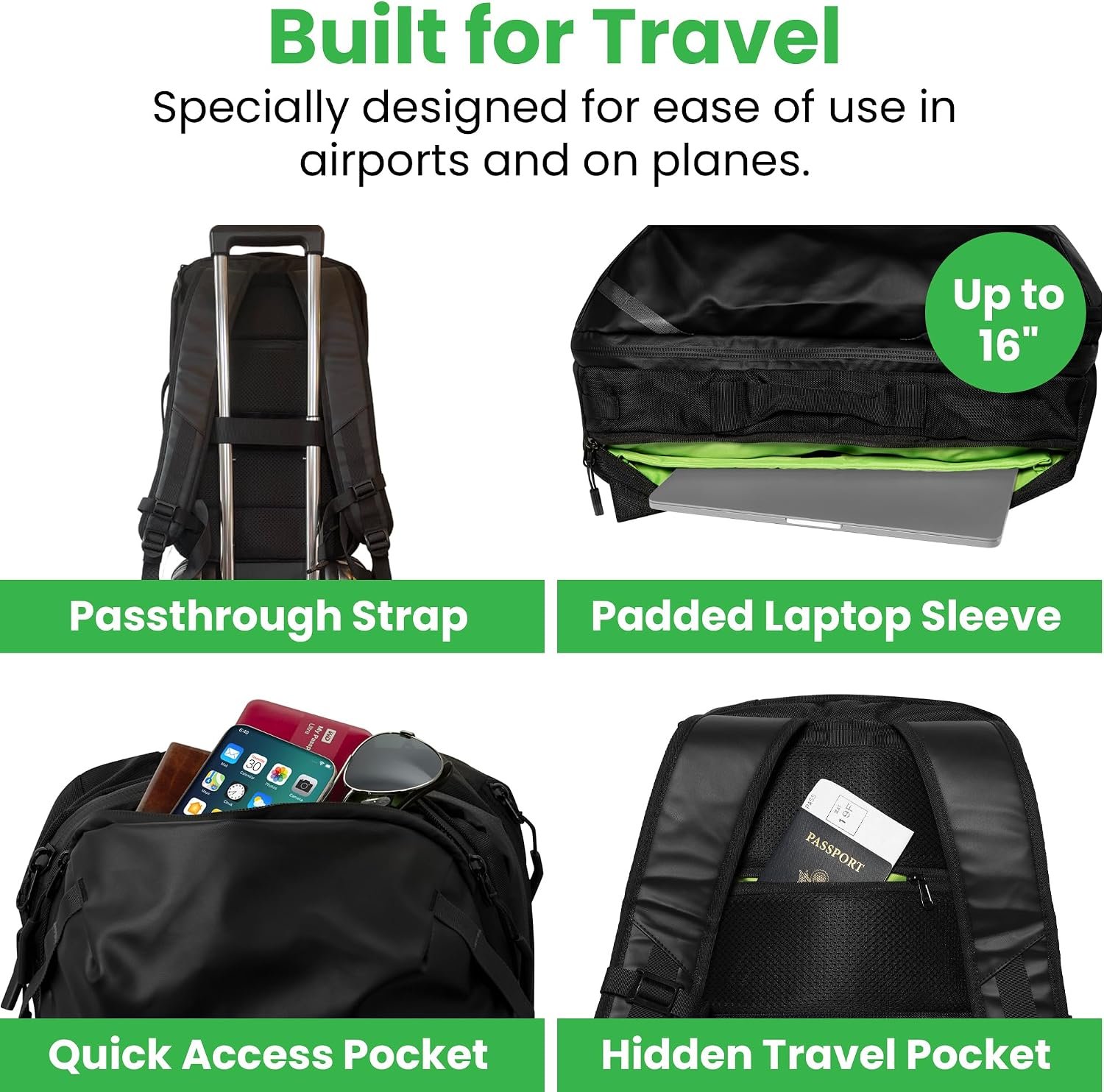 COR Surf Carry On Travel Backpack Bundle | Island Hopper Travel Backpack with Toiletry Bag and Compression Packing Cube Set (28L, Black) - Image 4