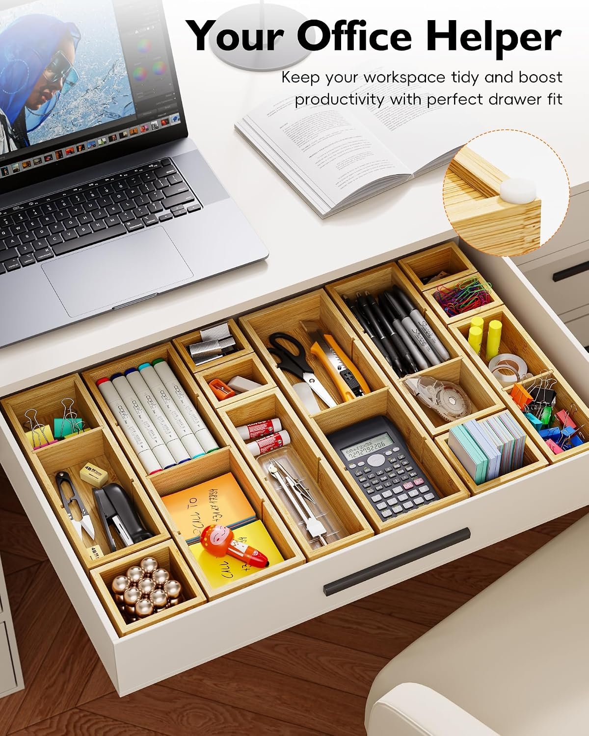 12-Piece Bamboo Drawer Organizer Set, 24 Compartments Modular Storage - Image 5