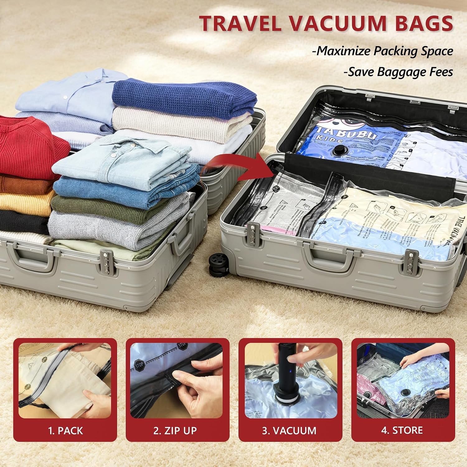 Travel Vacuum Bags for Clothing with Cordless Pump 18 Combo, Clear - Image 2