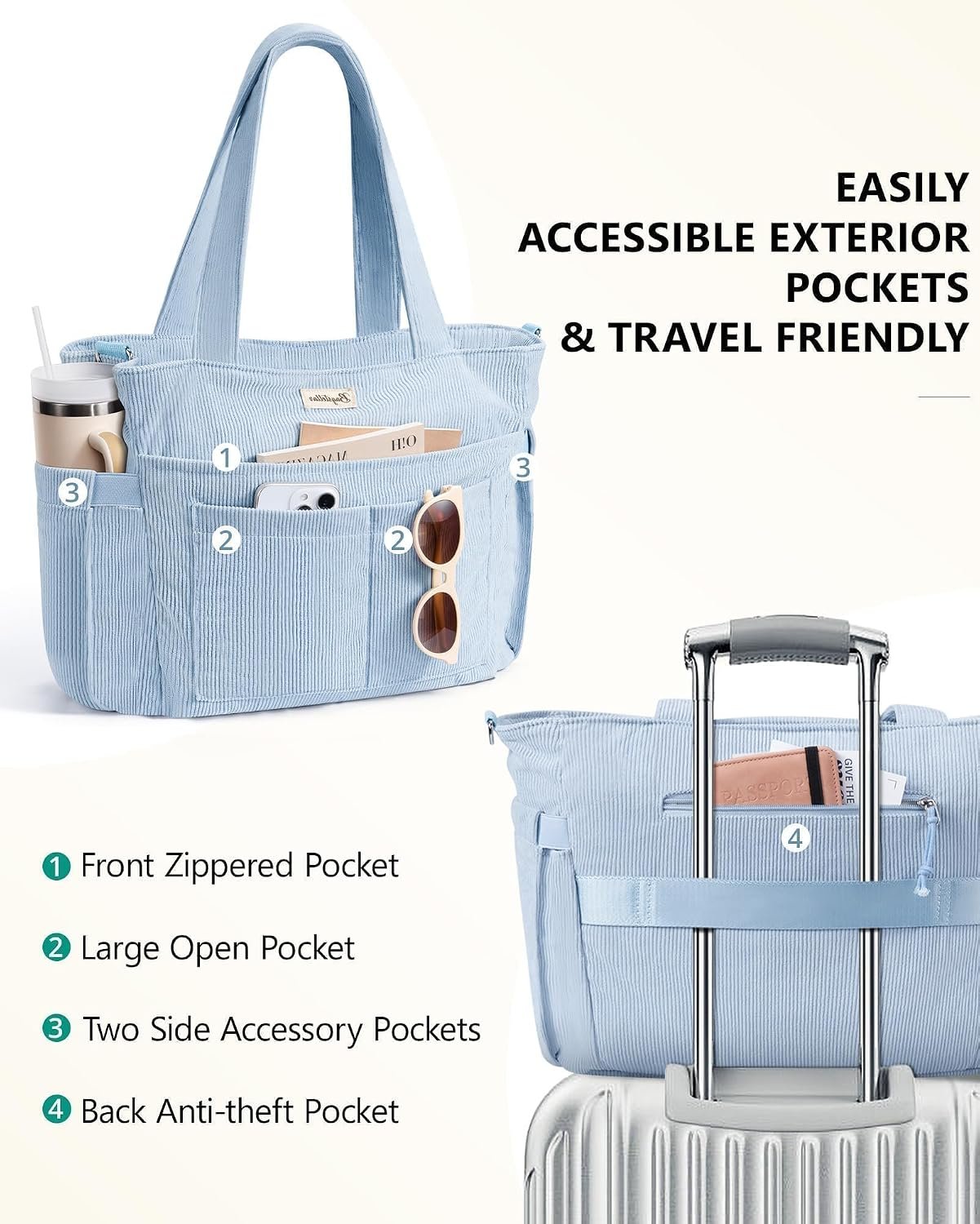 Bagstellar Corduroy Tote Bag for Women, 17 Pockets Laptop Work Tote Purse - Image 7