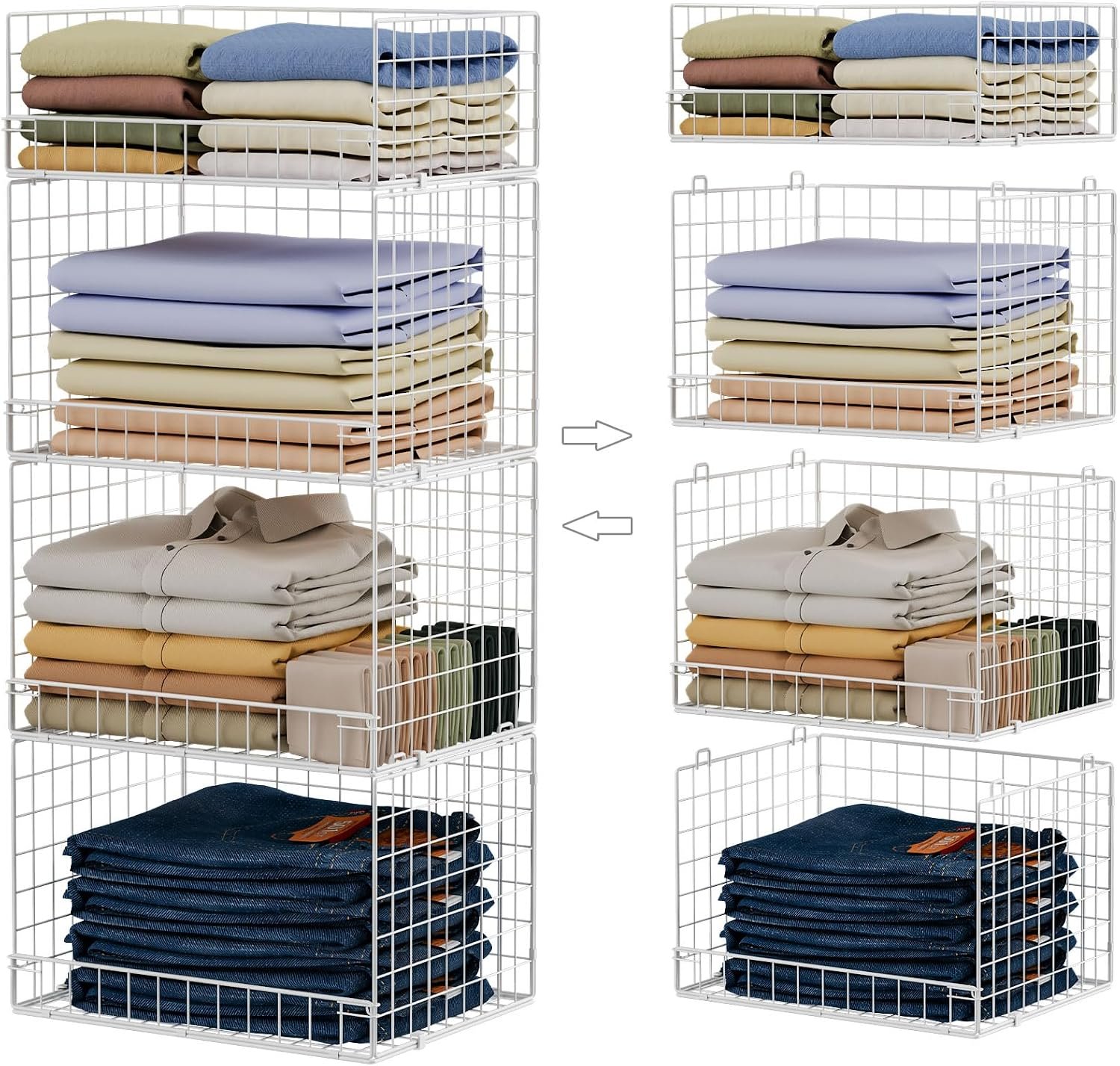 Yociyoga 4 Tier Stackable Closet Organizers and Storage Shelves, Foldable Closet Shelf Organizer System, Stackable Storage Bins Drawers for Clothes Organizer System, White(Patent No. 30022416)