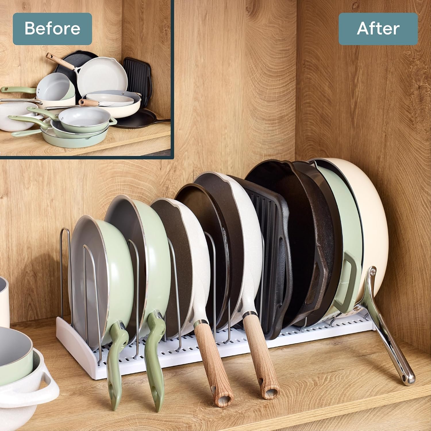 YouCopia StoreMore Expandable Cookware Rack with Tall Steel Wires, 12.5"-21.5" Wide Adjustable Pan Organizer for Kitchen Cabinet Storage, Premium Edition - Image 7