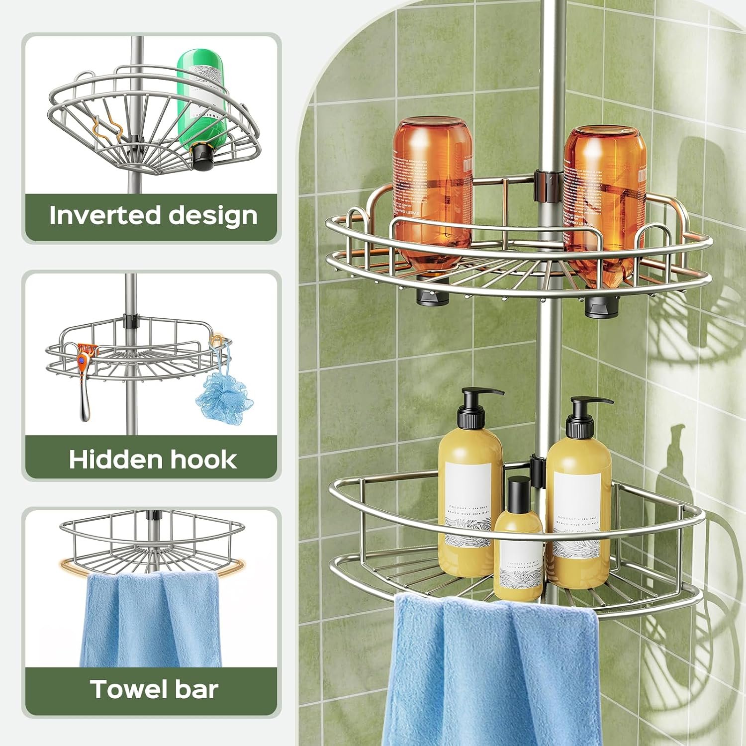 HAMITOR Corner Shower Caddy Tension Pole 4 Tier Rustproof Shampoo Organizer - Image 5