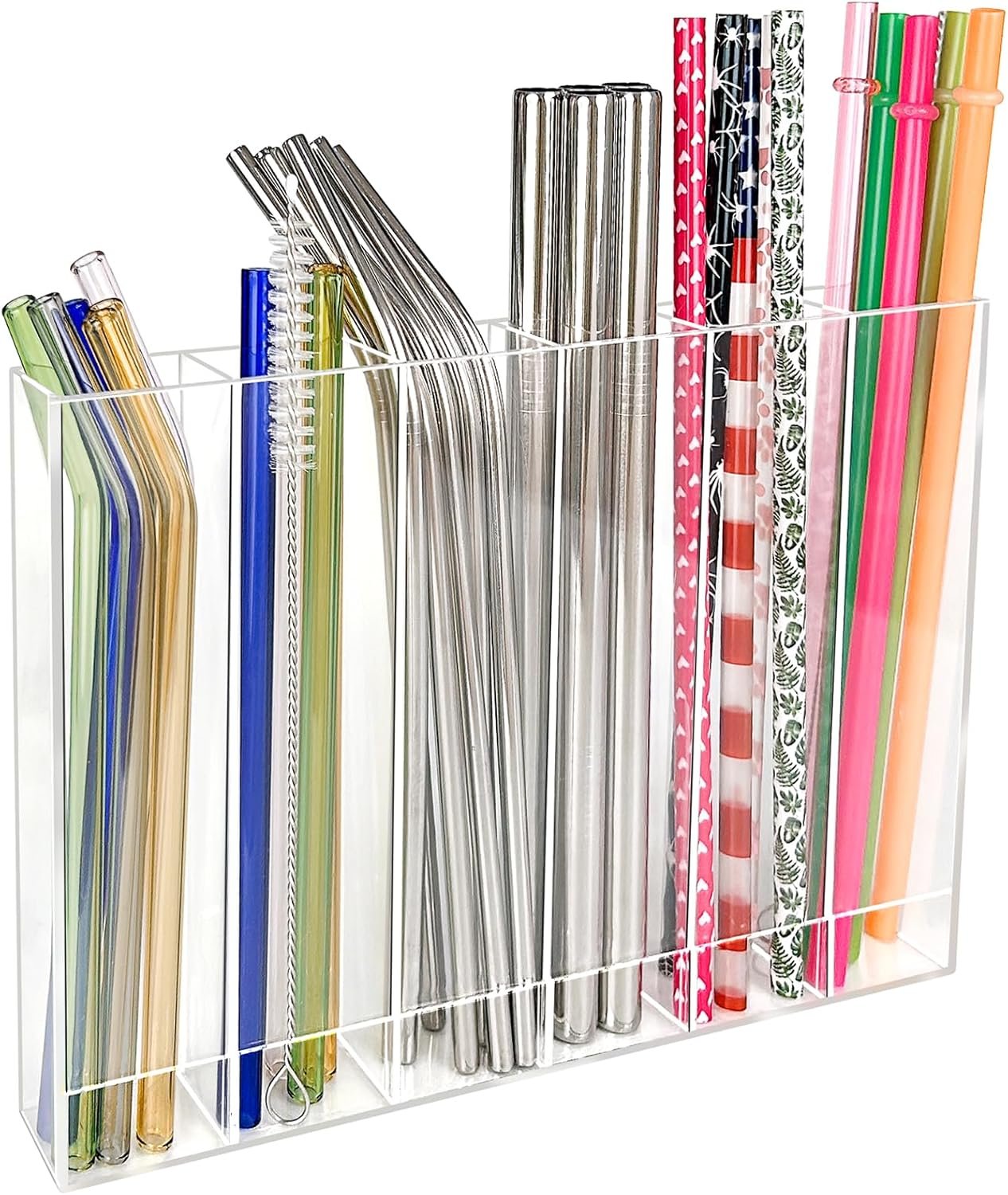 9.6” Large Acrylic Straw Holder for Cabinet Door - 6 compartments, easy to clean, Reusable Tumbler Straw Organizer Storage, Small Kitchen Accessories Container, Ultra Sticky Cupboard Door Mounted