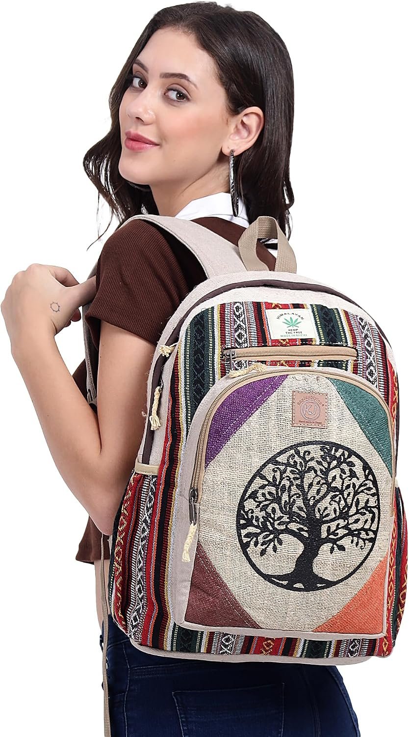 Natural Handmade Large Multi Pocket Hemp Nepal Backpack (Tree Of Life) - Image 2