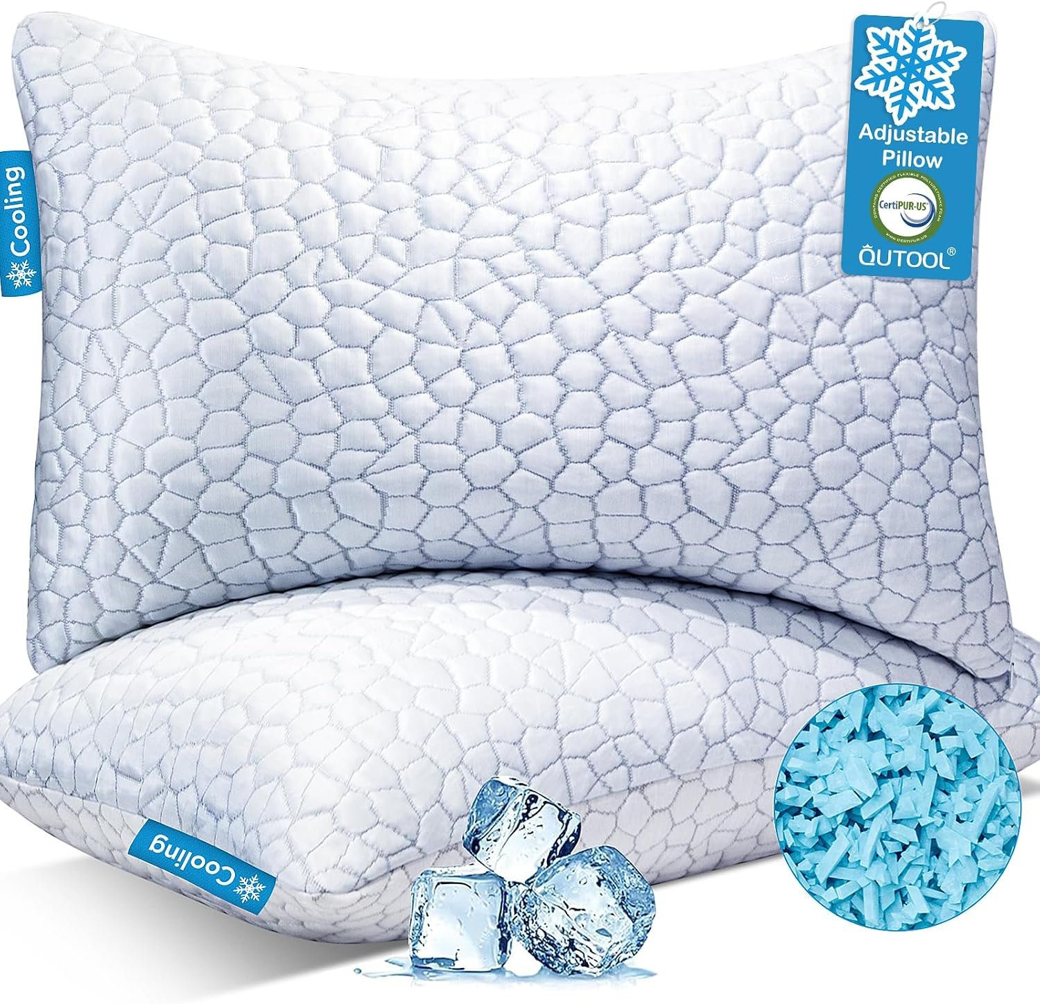 QUTOOL Cooling Pillow for Sleeping, CertiPUR-US Shredded Memory Foam Queen Pillows Set of 2, Cool Pillow for Hot Sleepers Adjustable Firm Pillow for Side, Back, Stomach Sleepers Soft Yet Support,White