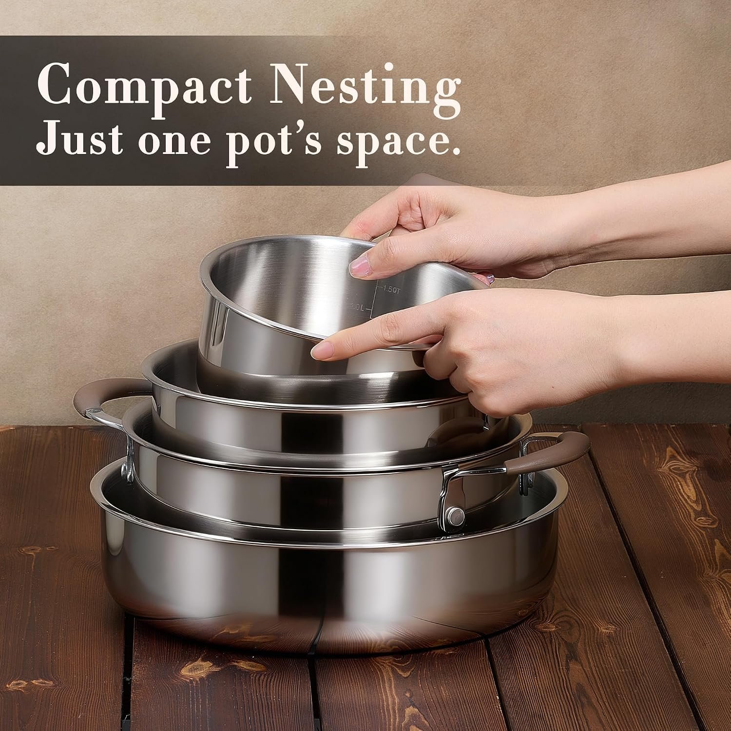 CAROTE 19pcs Tri-Ply Stainless Steel Cookware Set with Detachable Handle - Image 8