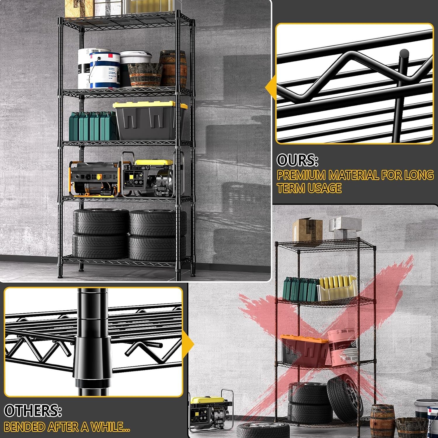 M MZG 1250 lbs 5 Tier Shelf Metal Storage Shelves Shelving Wire Rack Heavy Duty Closet Organizers for Garage Kitchen Bathroom Laundry Black 15.7" D x 33.5" W x 68.5" H - Image 5