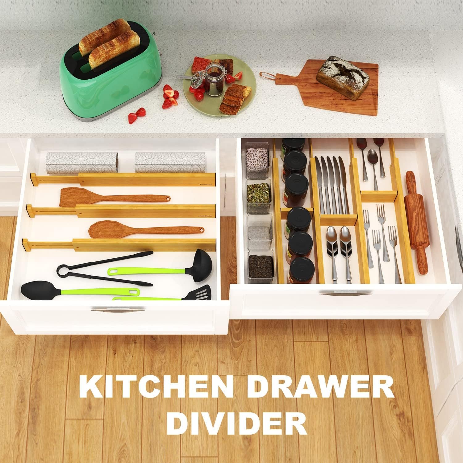 ANTOWIN Bamboo Drawer Dividers, Expandable Drawer Separators Splitter, 17-22 inches Adjustable Spring-loaded Organizer for Large Utensil, Clothes, Tools Drawers, 6 Pack Dividers + 4 Pack Baffle - Image 6