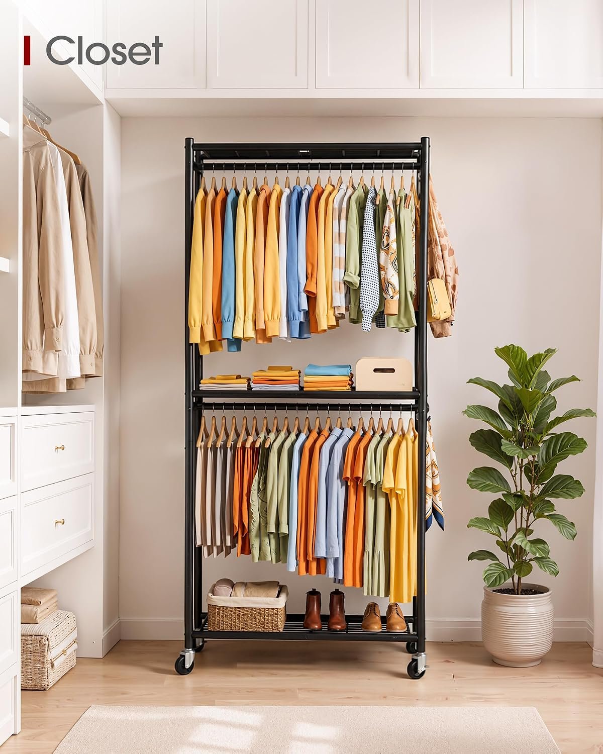 Sakugi Clothes Rack - 33.0" x 12.2" x 79.5" Clothing Rack with Shelves & Wheels, Multi-Functional Wardrobe Closet with Hooks, Sturdy Metal Garment Rack for Bedroom, Laundry, Balcony (Black) - Image 8