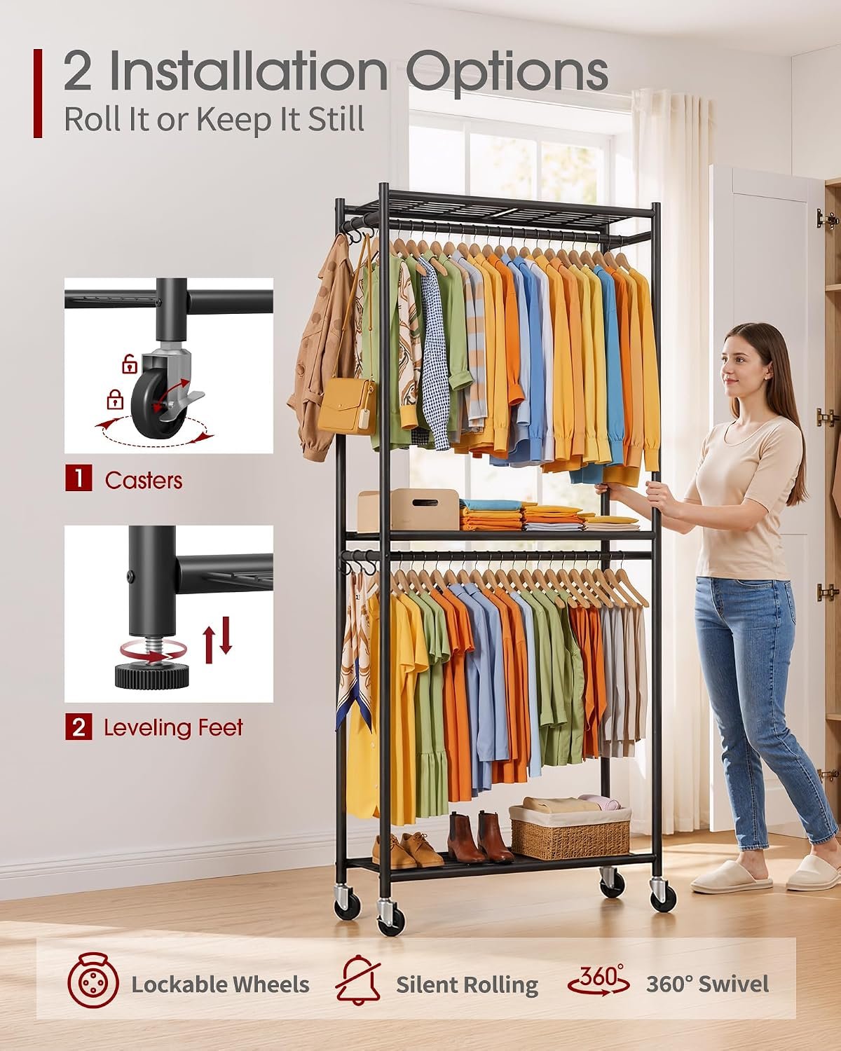 Sakugi Clothes Rack - 33.0" x 12.2" x 79.5" Clothing Rack with Shelves & Wheels, Multi-Functional Wardrobe Closet with Hooks, Sturdy Metal Garment Rack for Bedroom, Laundry, Balcony (Black) - Image 6
