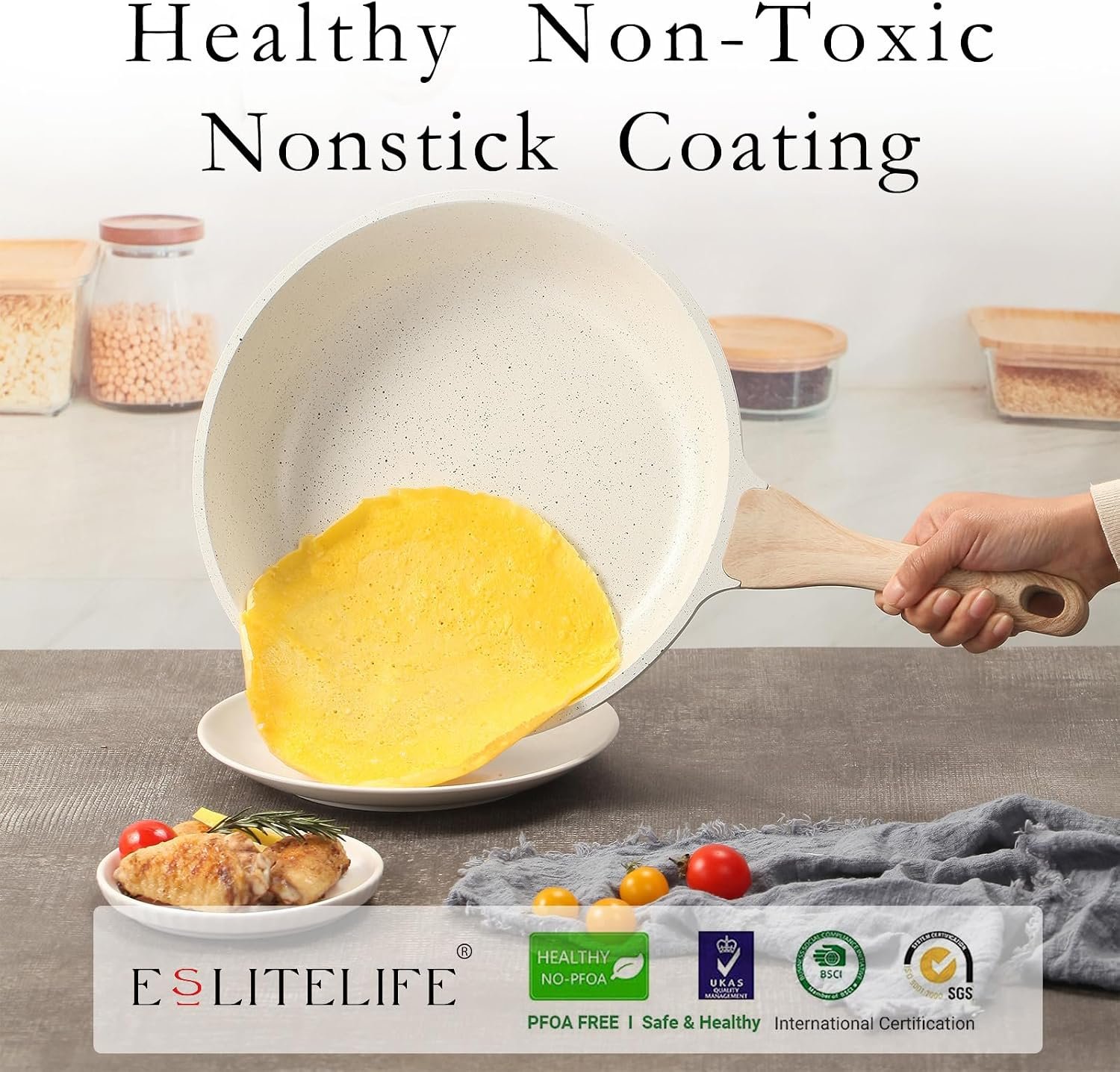 ESLITE LIFE Nonstick Ceramic Frying Pans Skillets Set with Lids, Non-Toxic Egg Omelette Kitchen Cooking Pans Compatible with All Stovetops (Gas, Electric & Induction), PTFE & PFOA Free (White) - Image 3