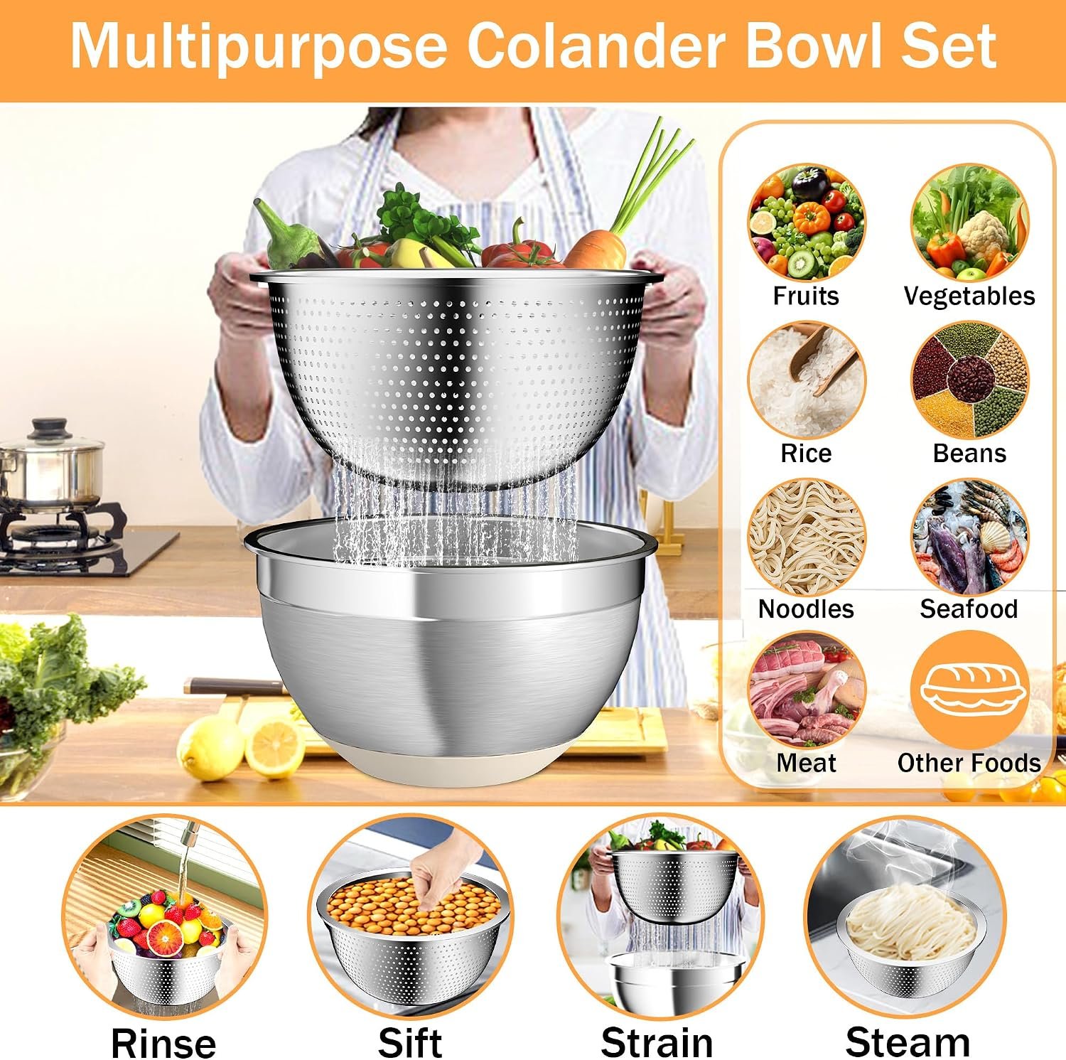 Nicdiet Mixing Bowls with Airtight Lids, Stainless Steel Mixing Bowl Set with 3 Metal Nesting Bowls, Colander & Grater, Non-Slip Bottoms, Size 1.5, 2.5, 5 QT, Great for Mixing & Serving, Khaki - Image 4