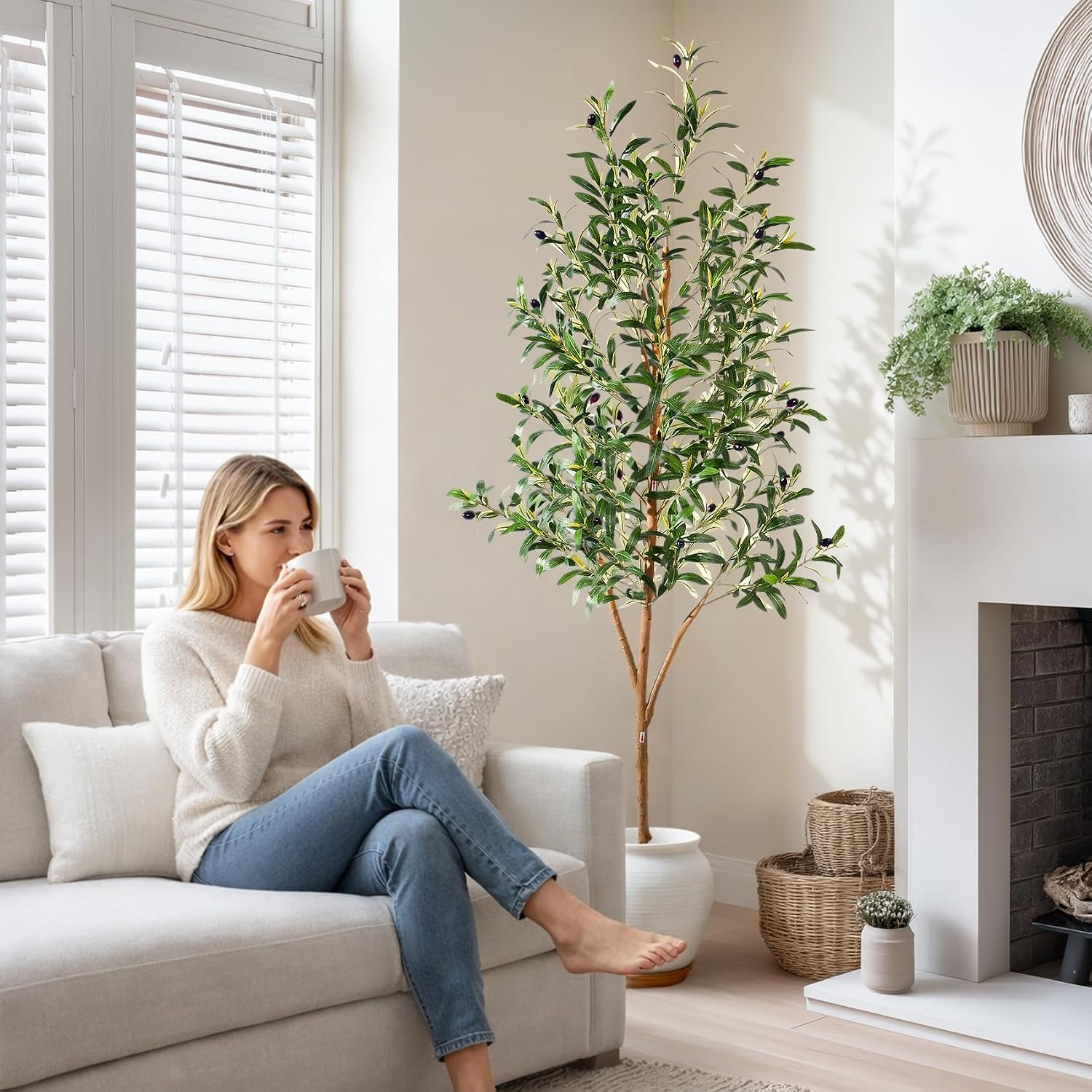 Tall Faux Olives Trees Large Artificial Olive Tree Indoor Outdoor Realistic Floor Plant Fake Flowers Plants for House Home Living Room Bedroom Office Front Porch Modern Farmhouse Boho Decor - Image 9