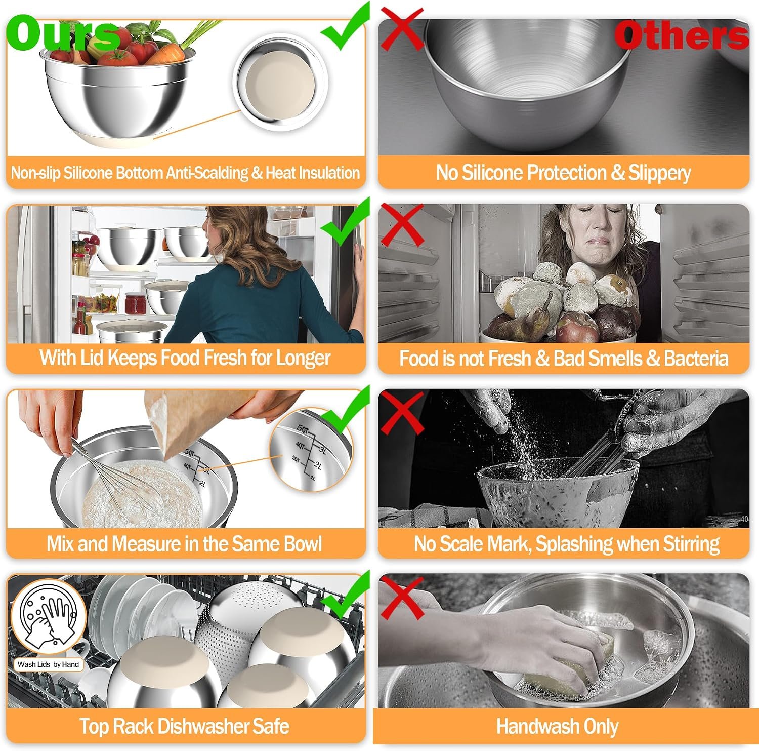 Nicdiet Mixing Bowls with Airtight Lids, Stainless Steel Mixing Bowl Set with 3 Metal Nesting Bowls, Colander & Grater, Non-Slip Bottoms, Size 1.5, 2.5, 5 QT, Great for Mixing & Serving, Khaki - Image 3