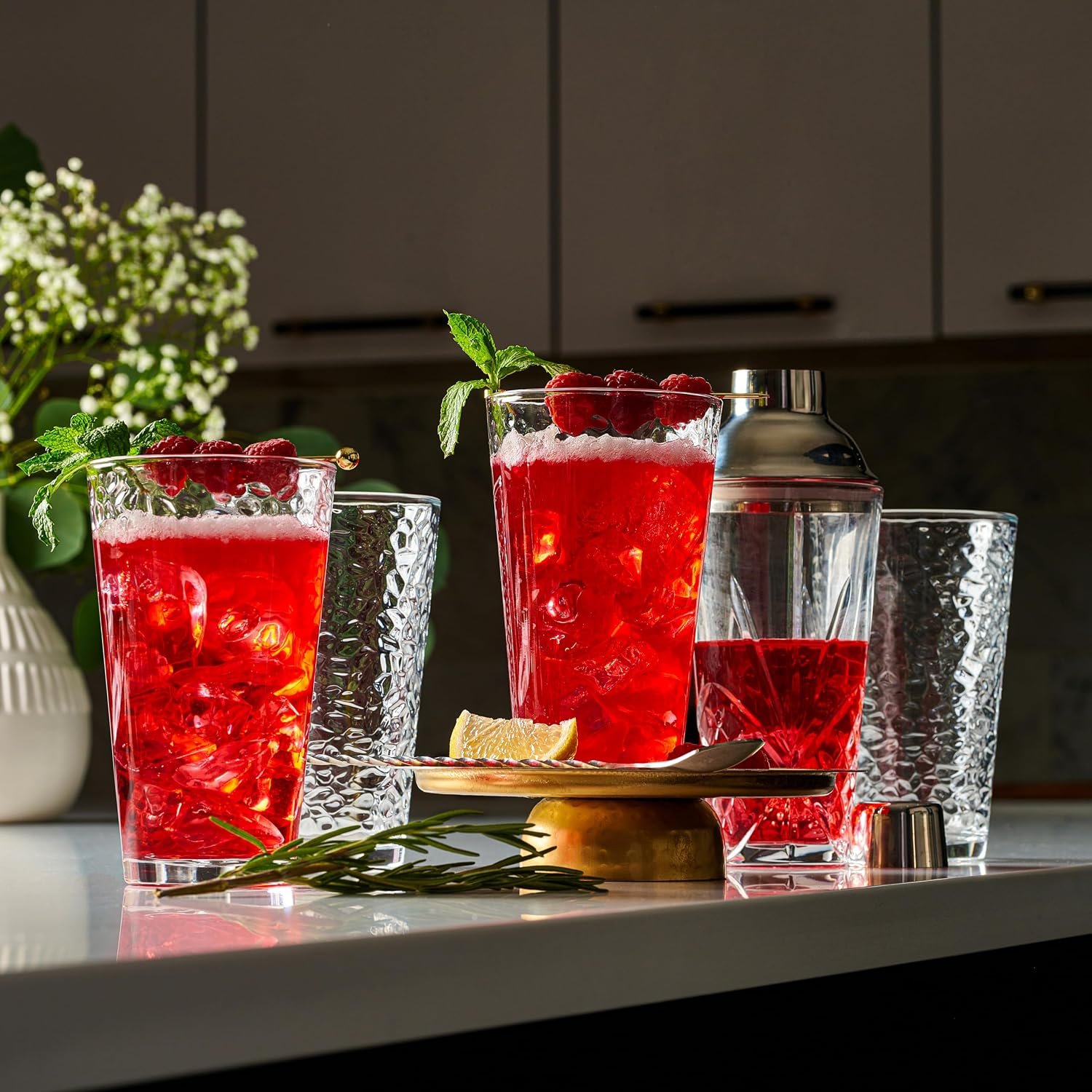 Le'raze Set of 10 Hammered Glass Cups, Clear Heavy Base Drinking Glasses - Image 3