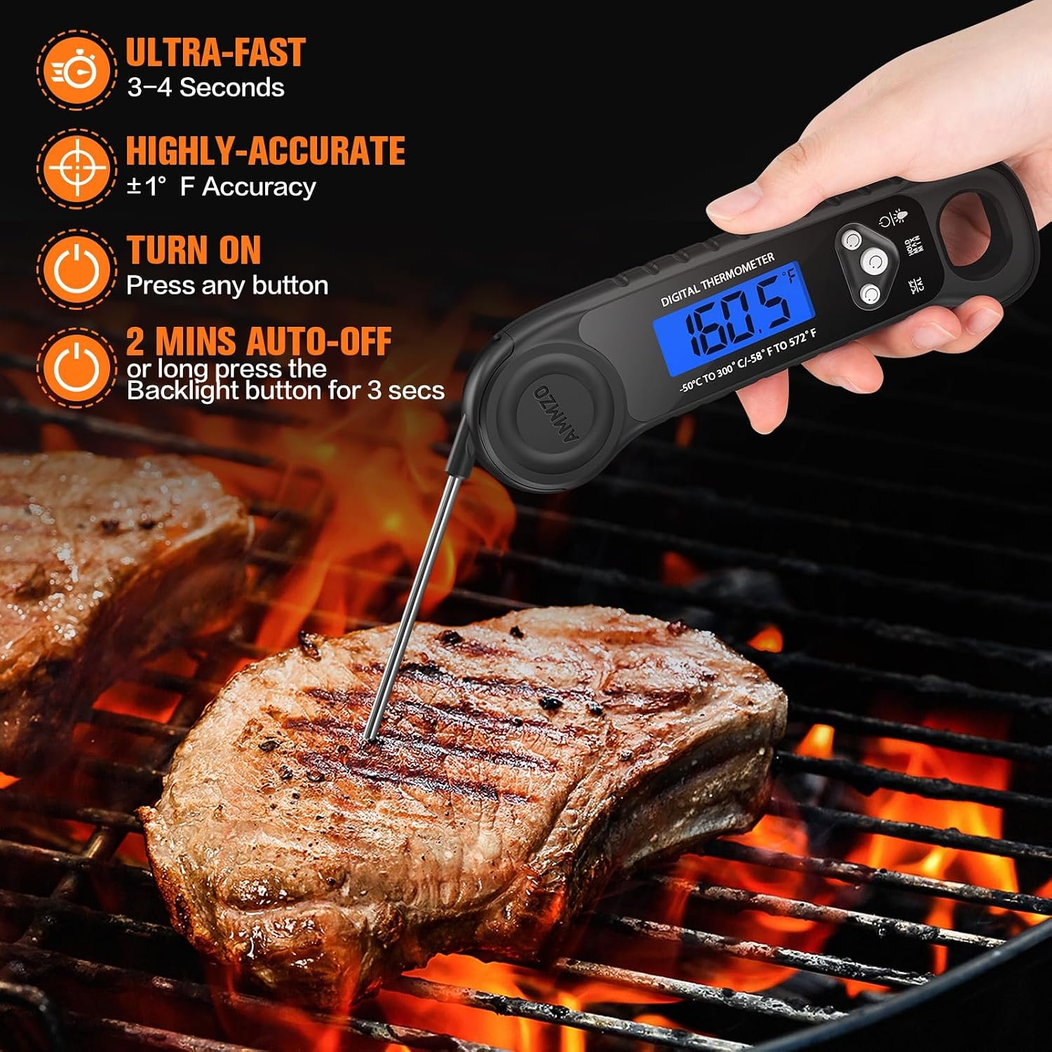 AMMZO Meat Thermometer Digital, Instant Read Food Thermometer for Cooking, Grilling, Baking, Frying & Candy Making, Essentials Kitchen Gadgets Accessory, Gifts for Men Women Dad Mom Birthday - Image 2