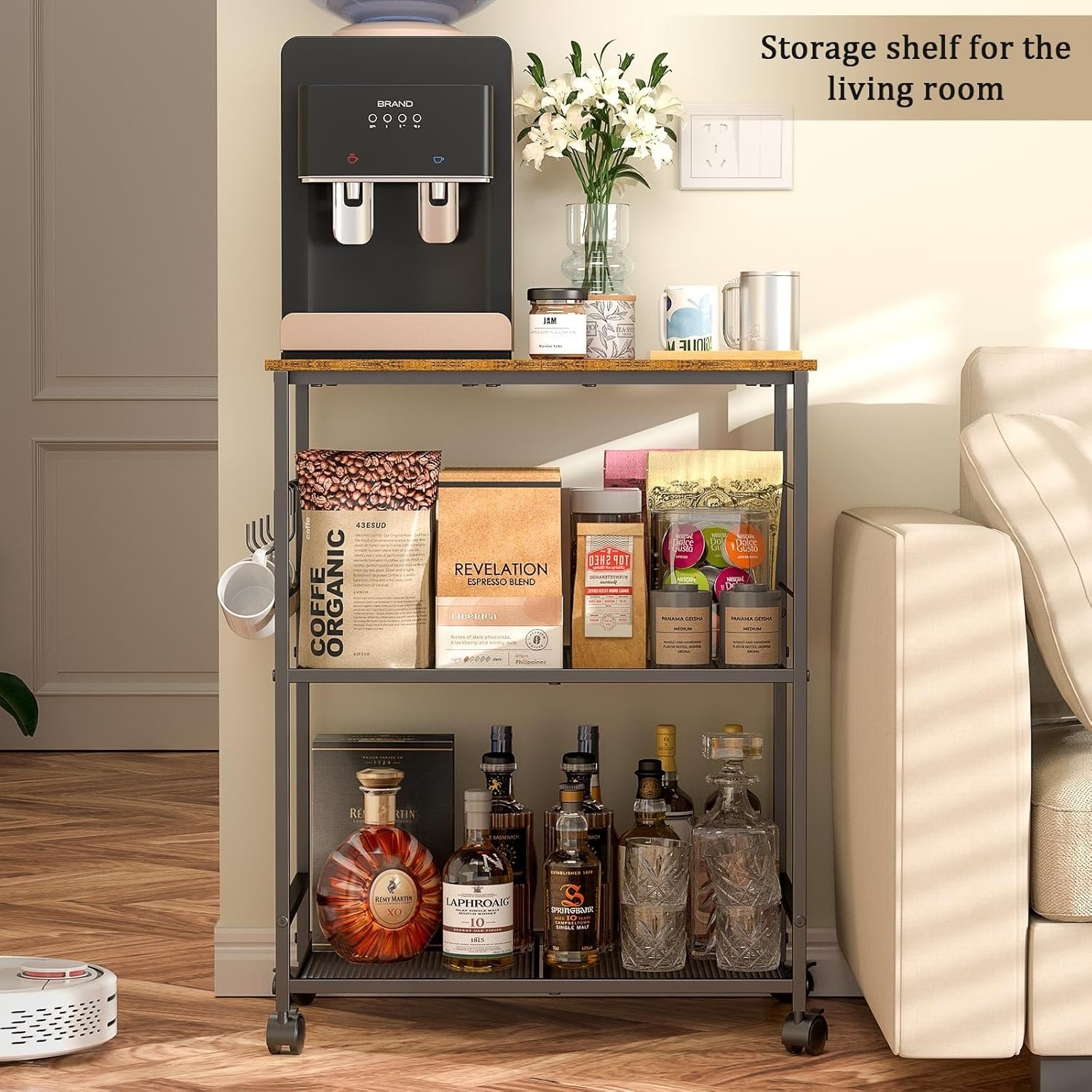 ThreeHio Rolling Kitchen Microwave Cart, 3 Tier Microwave Table Stand with Storage, Kitchen Utility Cart on Lockable Wheels, Small Coffee Cart Shelf Rack Organizer for Living Room Office, Balcony - Image 6