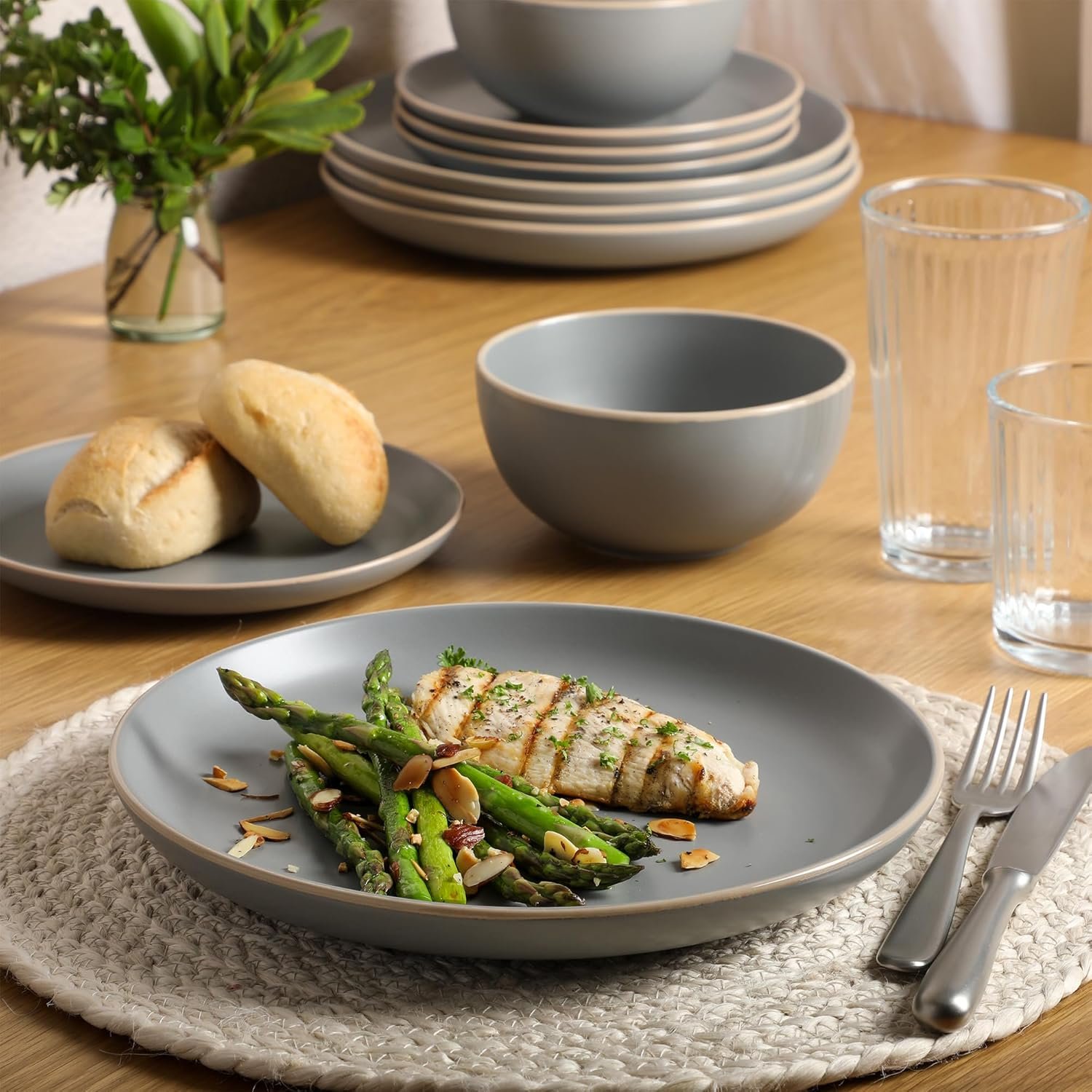 Gibson Home Rockaway 12-Piece Stoneware Dinnerware Set, Matte Finish, Service for 4, Modern Ceramic Plates and Bowls, Microwave & Dishwasher Safe – Soft Gray - Service for 4 - Image 5