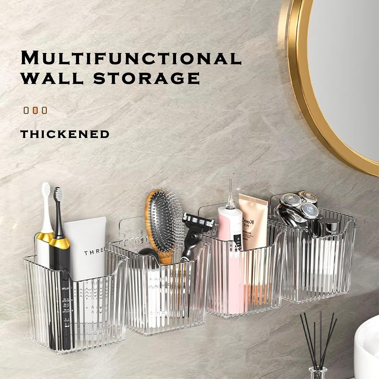 4 Pack Acrylic Wall Mount Organizer, Adhesive Cabinet Door Storage Bins, Clear Makeup Containers, Stackable Organizer Basket for Kitchen, Bathroom, Cabinet, Pantry, Office - Image 3