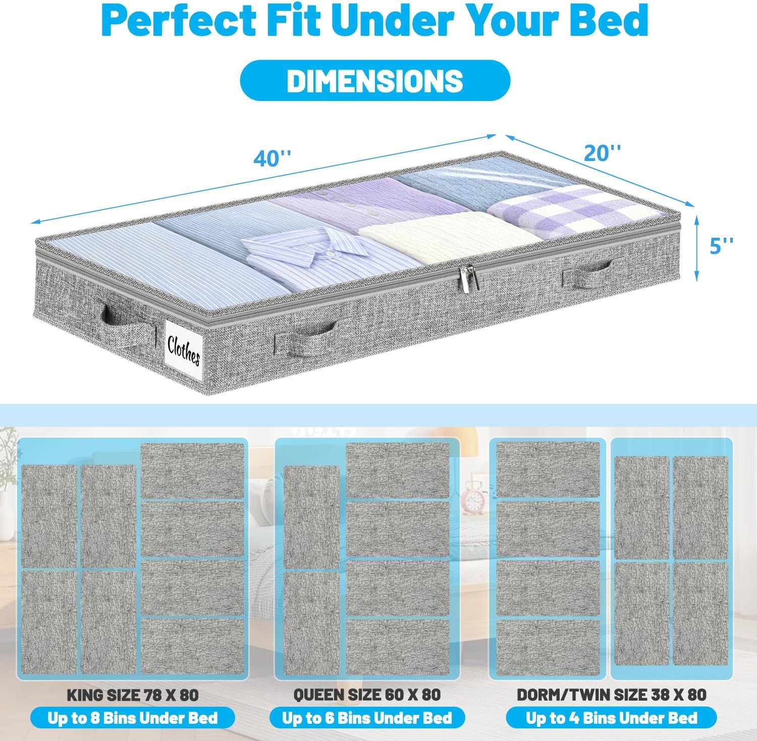 5 Inch Low Profile Under Bed Storage Drawer 2 Pack, Lightweight Underbed Clothes Storage Container Bins With NO STURCTURE, Shallow Storage Bag for Dorm & Home, With Clear Lids & Water-Resistant Fabric - Image 2