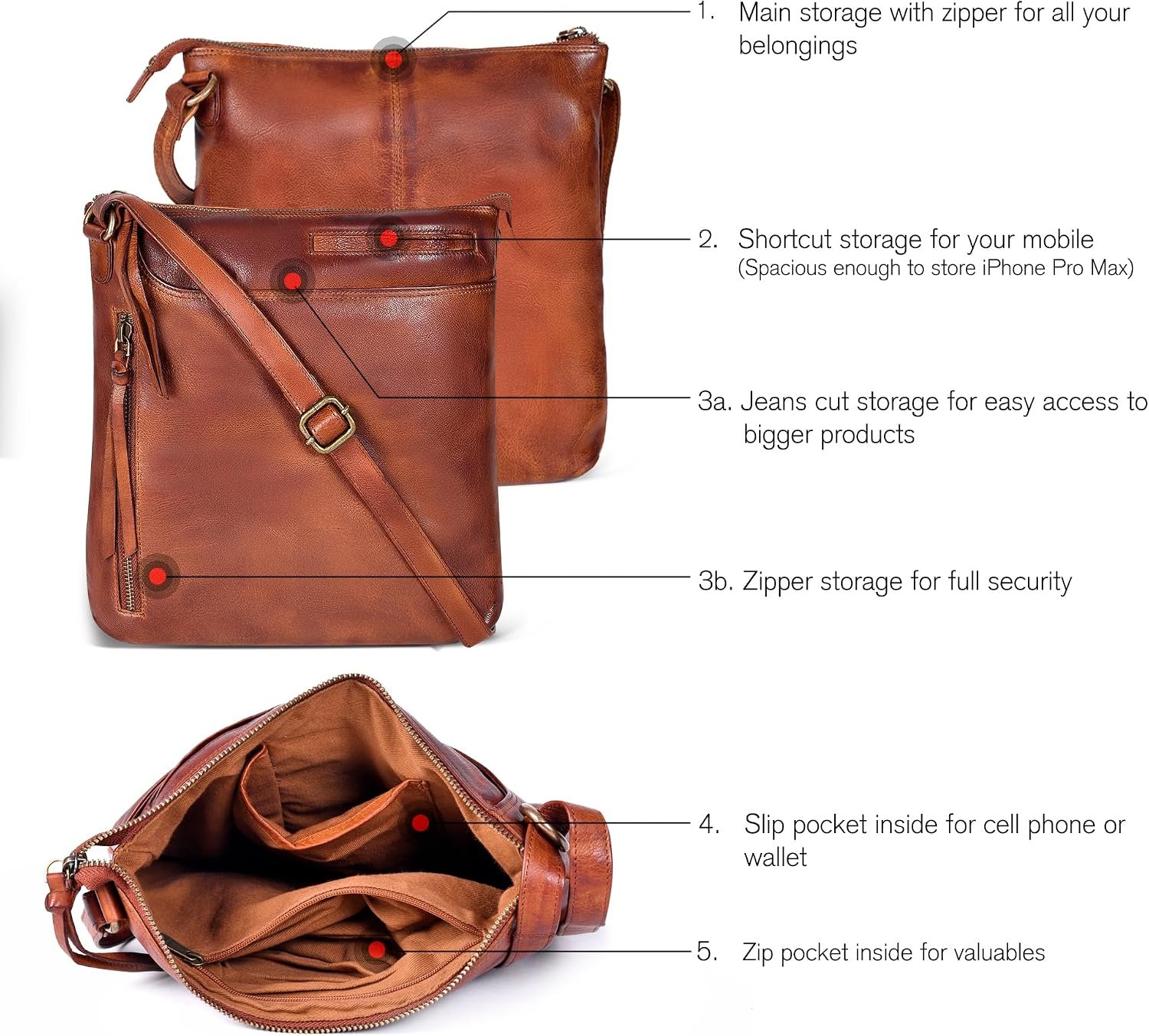 Genuine Leather Crossbody Bag For Women - Medium Cross Body Handbag Purse - Image 5