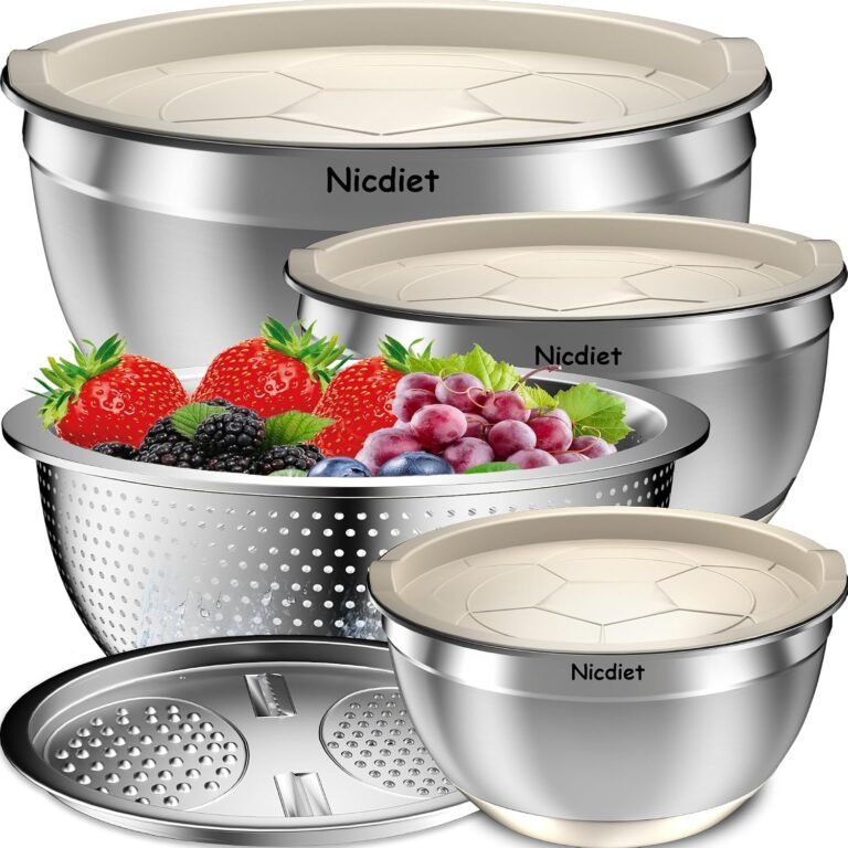 Nicdiet Mixing Bowls with Airtight Lids, Stainless Steel Mixing Bowl Set with 3 Metal Nesting Bowls, Colander & Grater, Non-Slip Bottoms, Size 1.5, 2.5, 5 QT, Great for Mixing & Serving, Khaki
